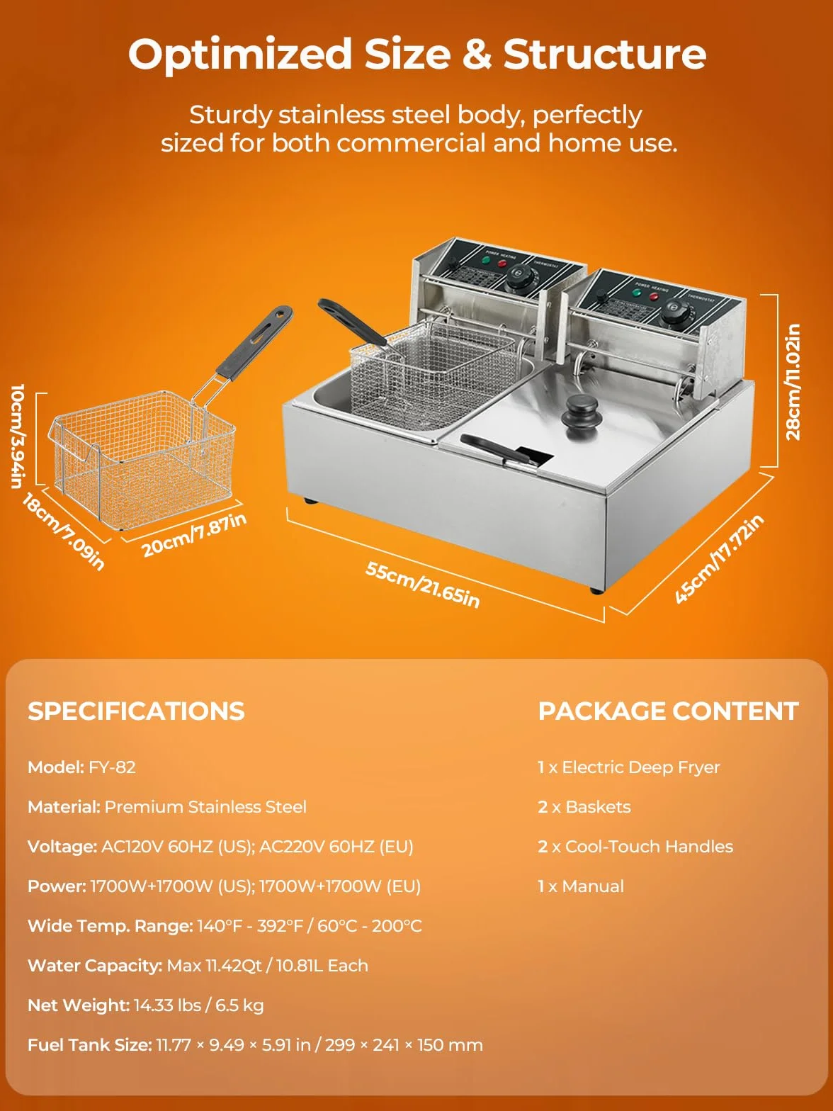 FOHERE Freidoras Aceite de 21.6L, Freidora Industriales Doble de Acero Inoxidable de 3400W con Cesta y Tapa, Temperatura Ajustable de 60-200°C, para Cocina, Restaurante, Fácil de Limpiar