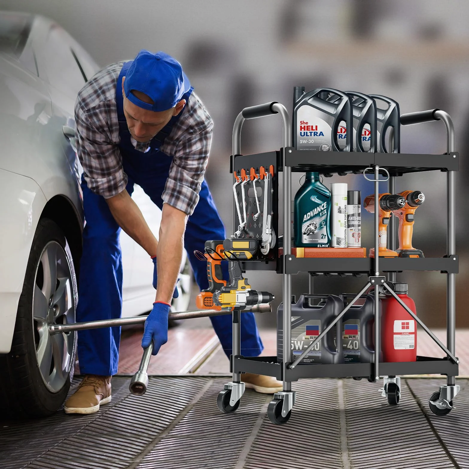 KINGRACK Carro de Herramientas con Ruedas de 3 Estantes y Mango Ergonómico, Carro de Servicio Plegable, Carro Auxiliar Taller Organizador con Placas Colgantes para Hogar Oficina Garaje Almacén, Negro