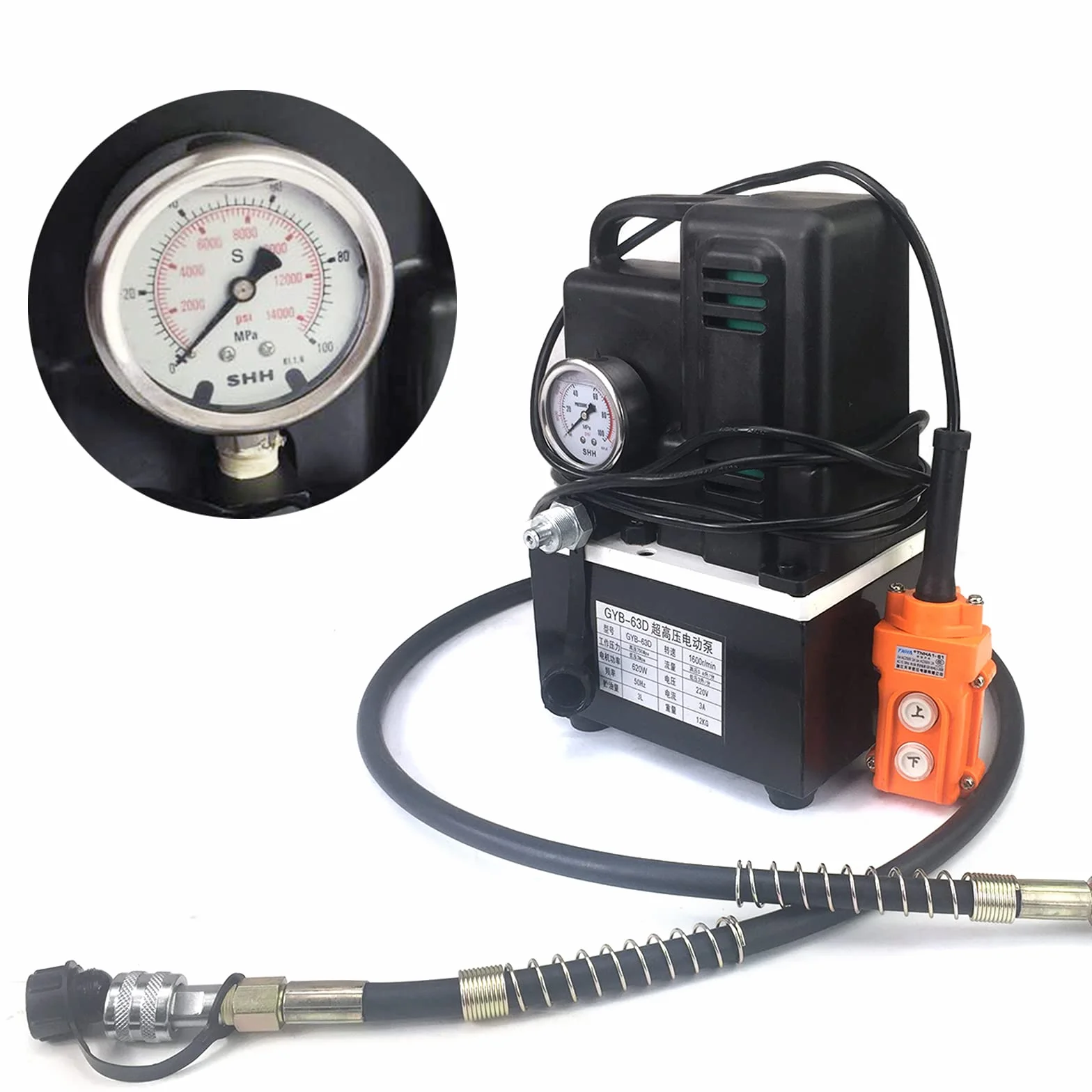 Bomba hidráulica eléctrica de 220 V, 620 W, 70 MPa de alta presión, depósito de aceite de 3 L, con mando a distancia y manómetro, bomba electrohidráulica para reparación de coches, prensas
