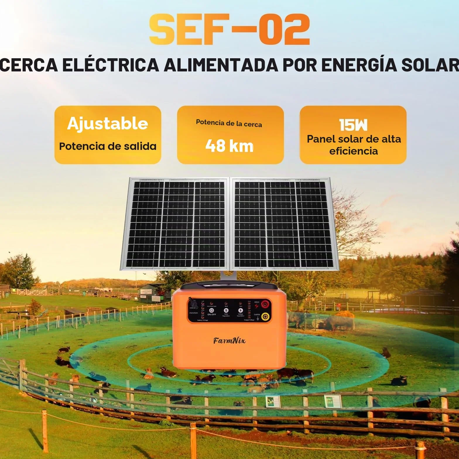48KM Solar Pastor Electrico, Voltaje Ajustable 6-12KV, 1.5J, 15W Panel Solar, Batería Recargable, Protección 24H Ininterrumpida para Ganado, Jardín y Granja