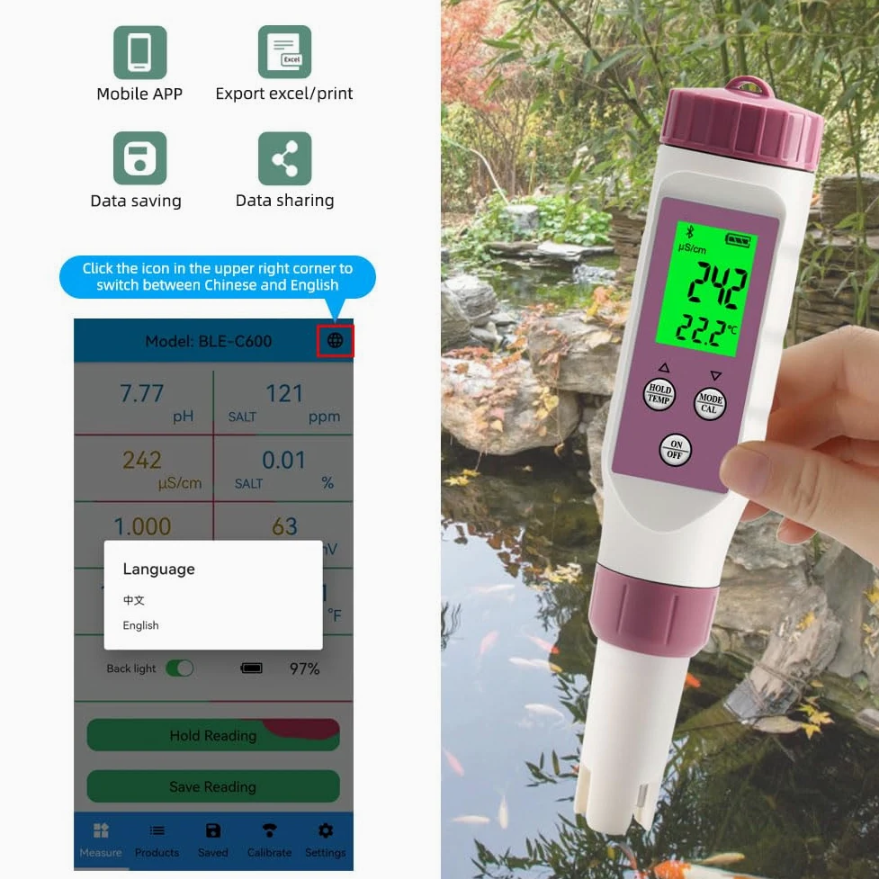 Probador de calidad del agua 7 en 1 para agua potable, acuarios y piscinas, pH TDS EC ORP Salinidad específica medidor de gravedad y temperatura