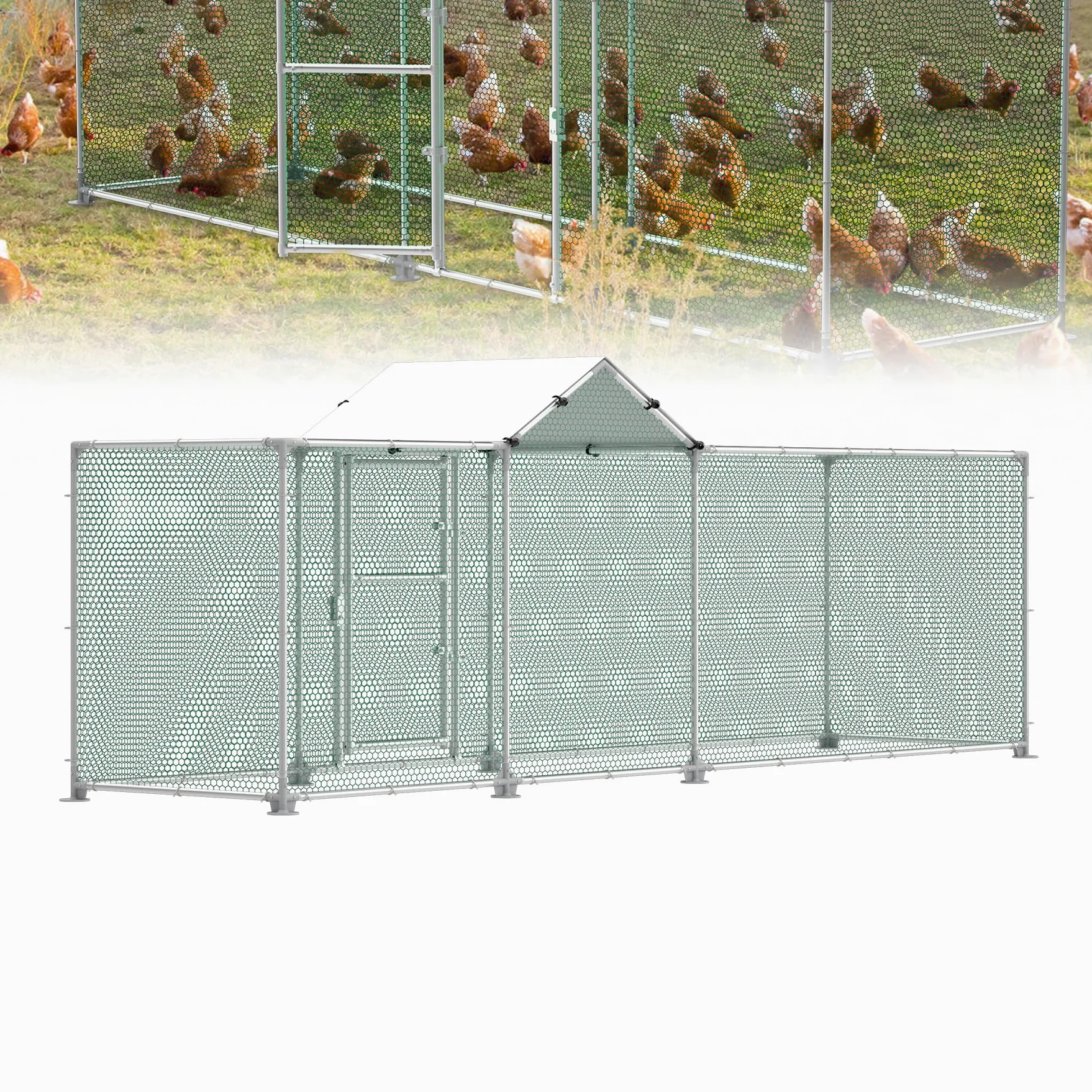 UISEBRT Gallinero para gallineros, 4 x 1 x 1,5 m, estructura de acero galvanizado, con cerradura para gallinas, animales pequeños