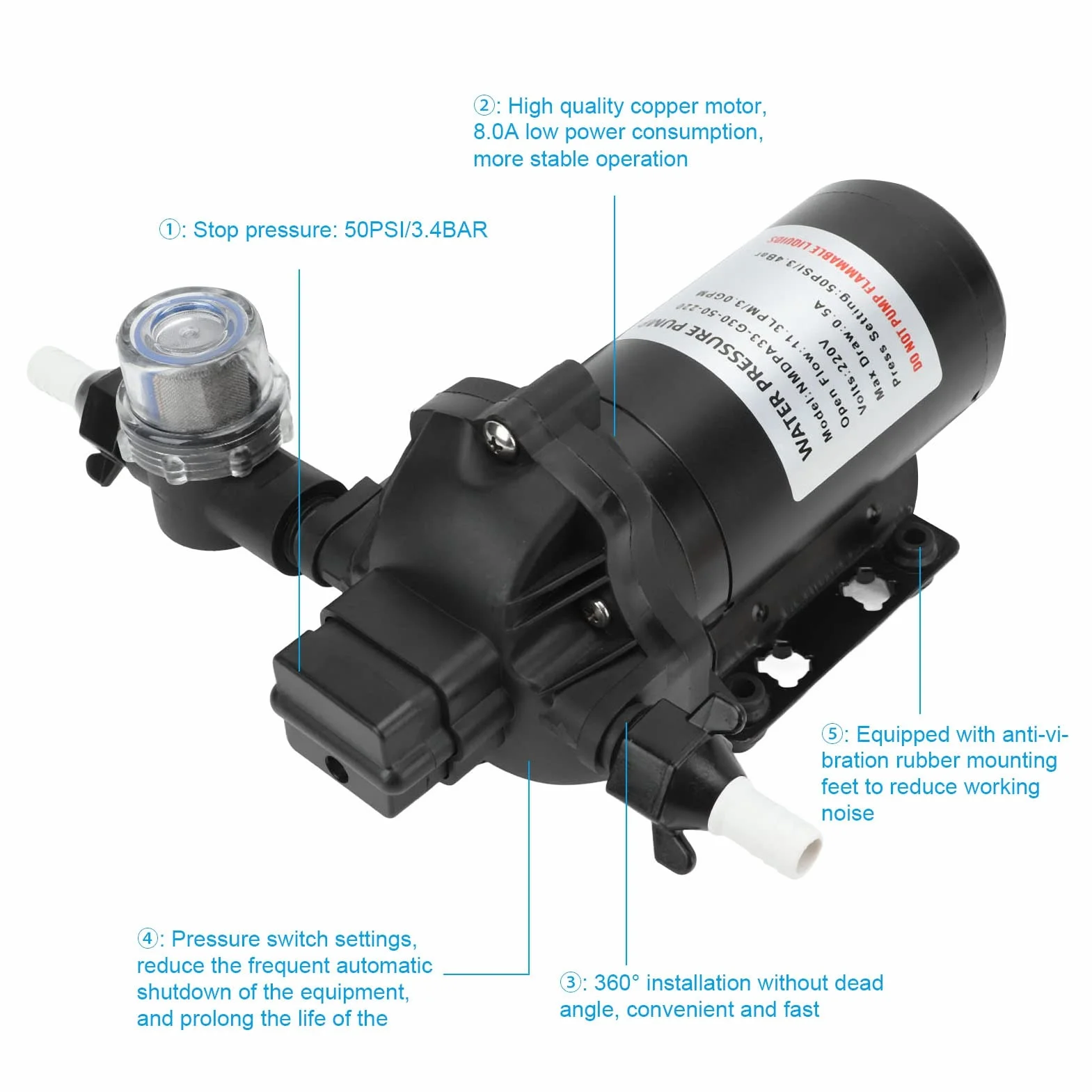 Akozón Bomba de Diafragma de Agua 220V 11.3LPM 50PSI Autocebante
