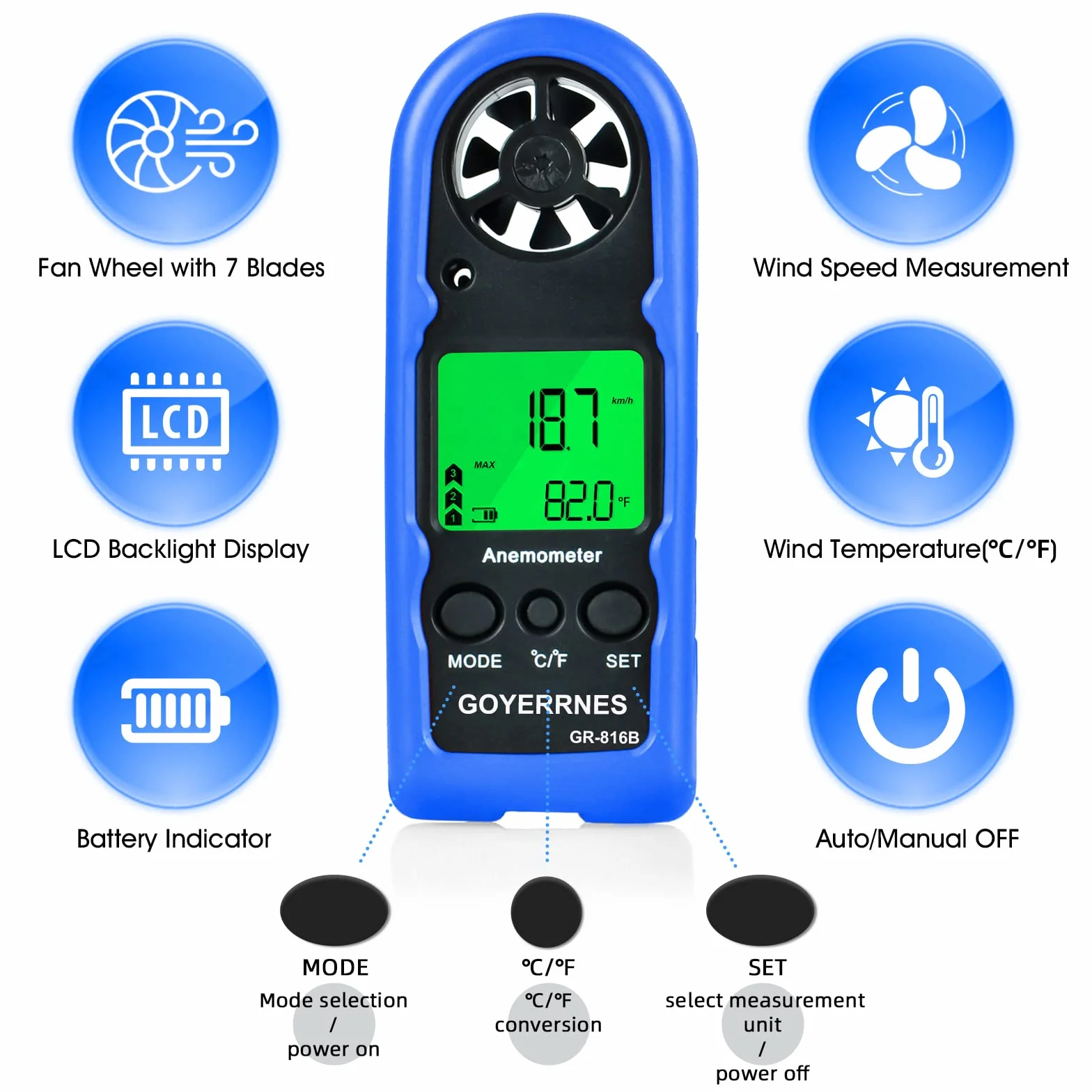 Anemómetro Digital GR-816B Portátil 0.3-30m/s Retroiluminación Velocidad del Viento Temperatura