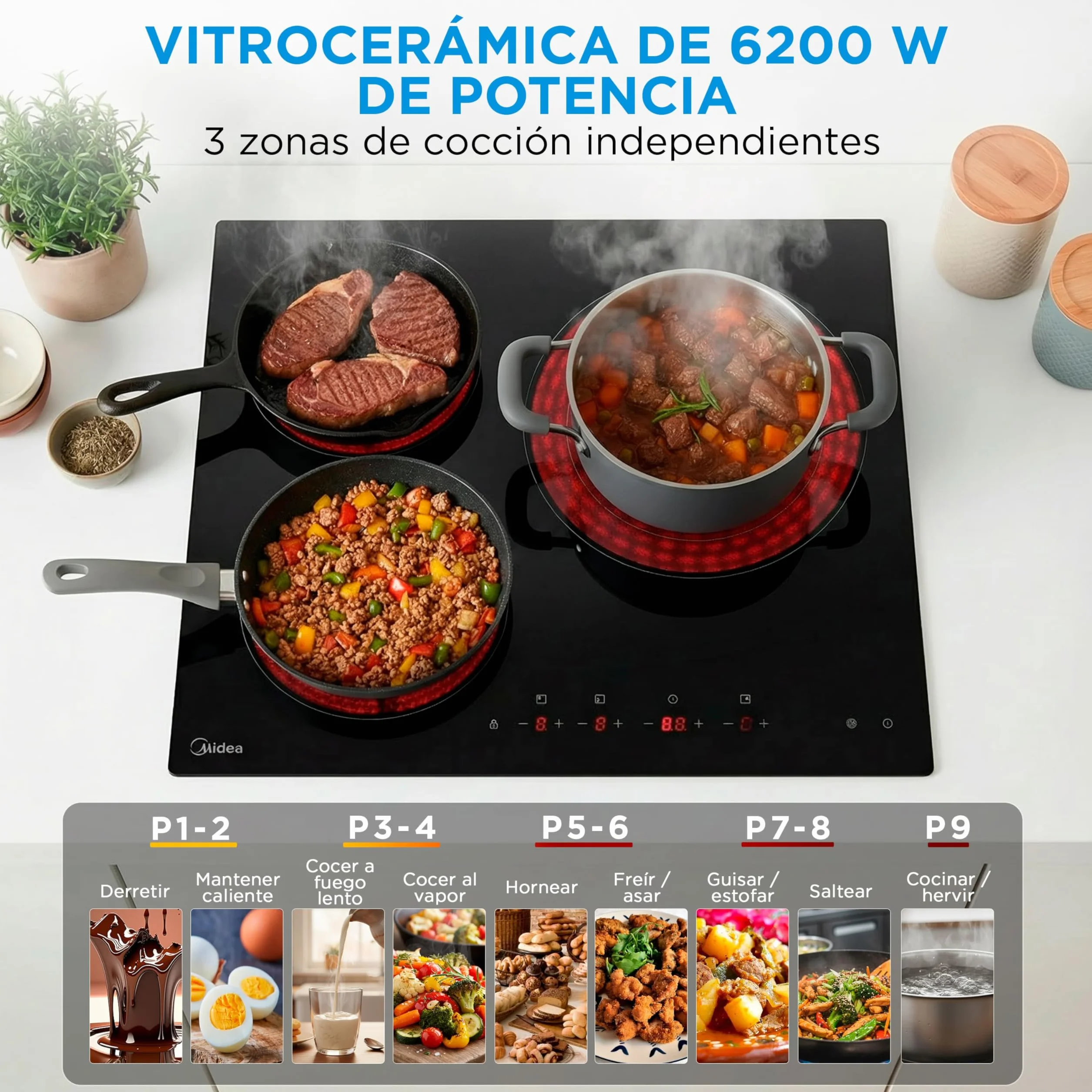MIDEA Placa Vitrocerámica 3 Fuegos 6200 W Integrada con Panel Táctil y Temporizador