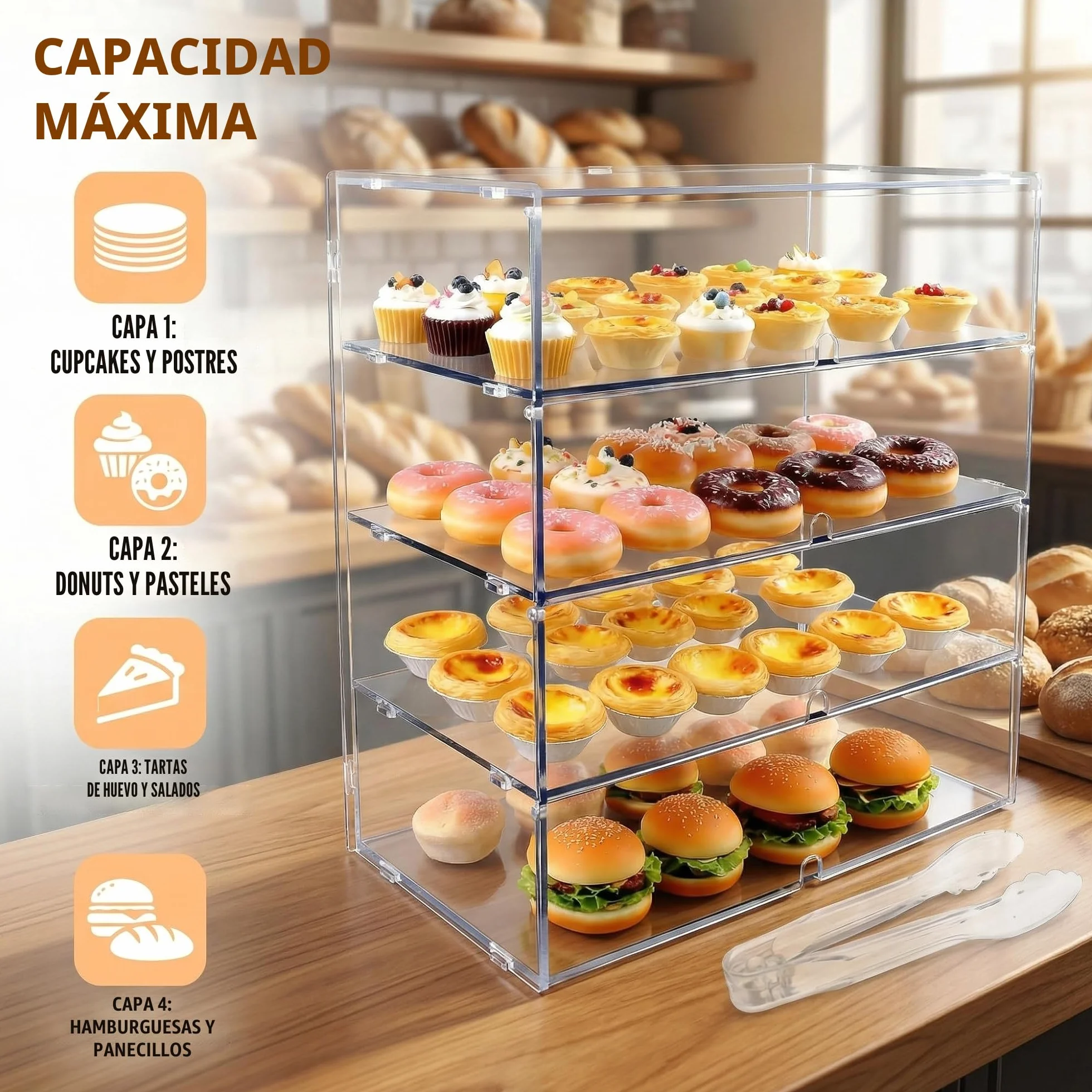 Vitrina Transparente para panadería con encimera de 3 Niveles, Paneles PETG de Alto Impacto de 5 mm (LJ039C 4-Tiers transdparent)