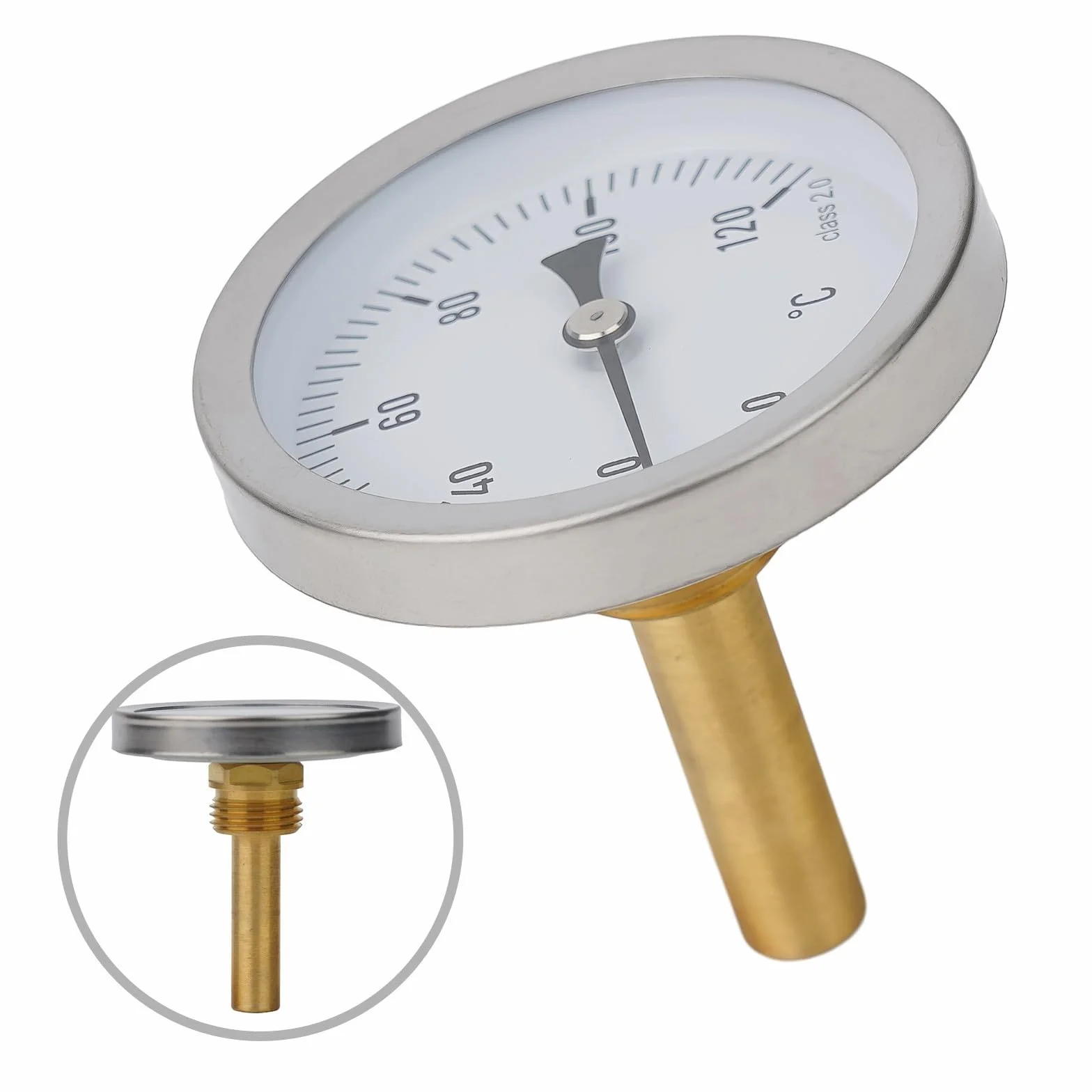 Termómetro bimetálico 63 mm acero inoxidable latón 1/2 pulgada 0-120 °C para calderas