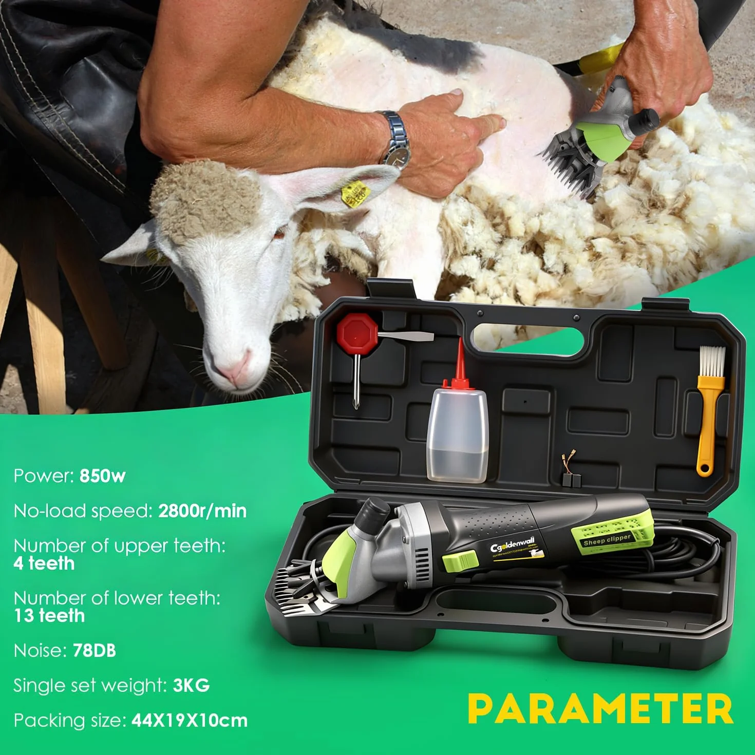 CGOLDENWALL Esquiladora unisex para Oveja 850W 2400RPM Cizalla para Cabra Electrónica para Cabra Alpaca Camello 6 Ajuste de Velocidad - Aceite lubricante Incluido (Cuchilla Recta de 13 Dientes)