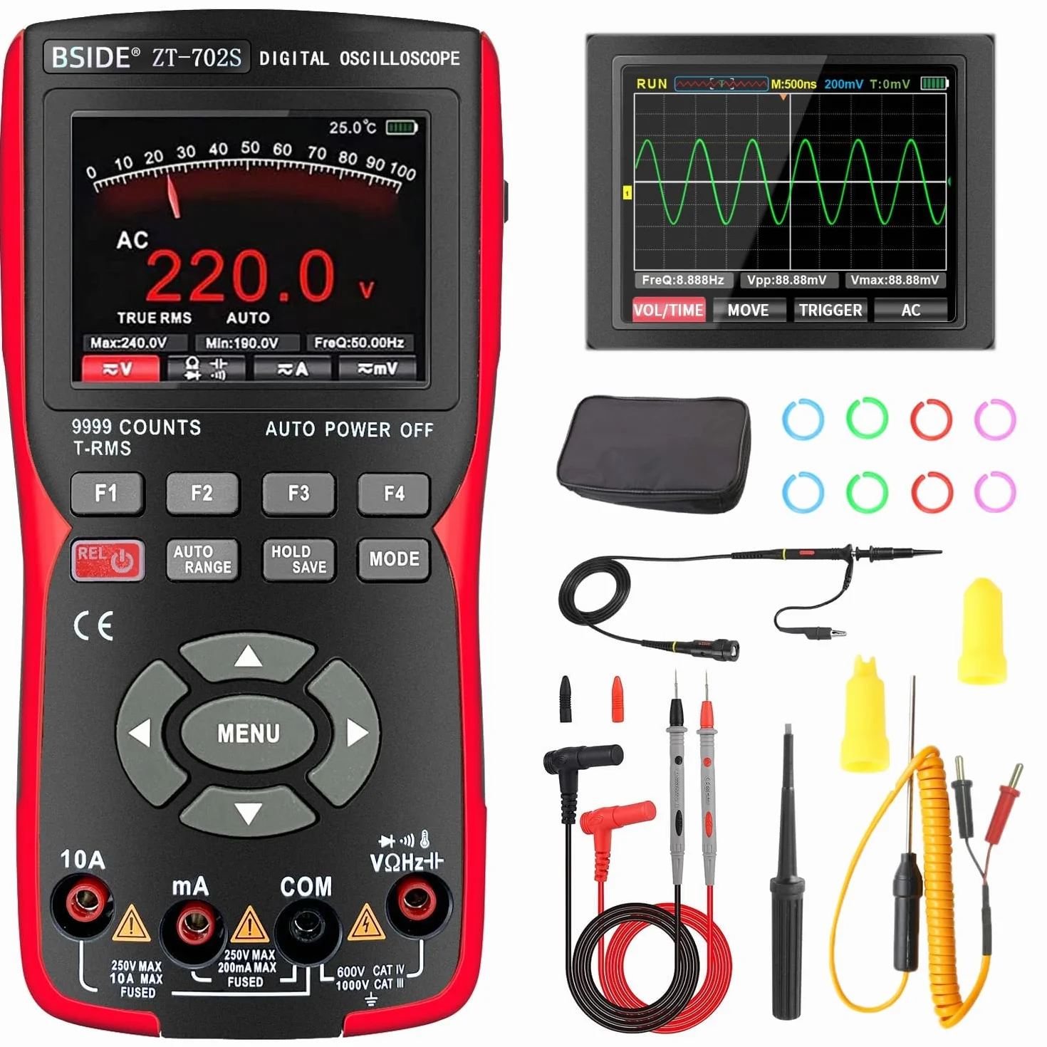 BSIDE ZT-702S Kit Osciloscopio DIY Multímetro Digital TRMS con Osciloscopio Automotriz 9999 Cuentas 10Mhz LCD a Color Medidor de Miliamperios y Milivolt Oscilloscope Recargable con Memoria para PC