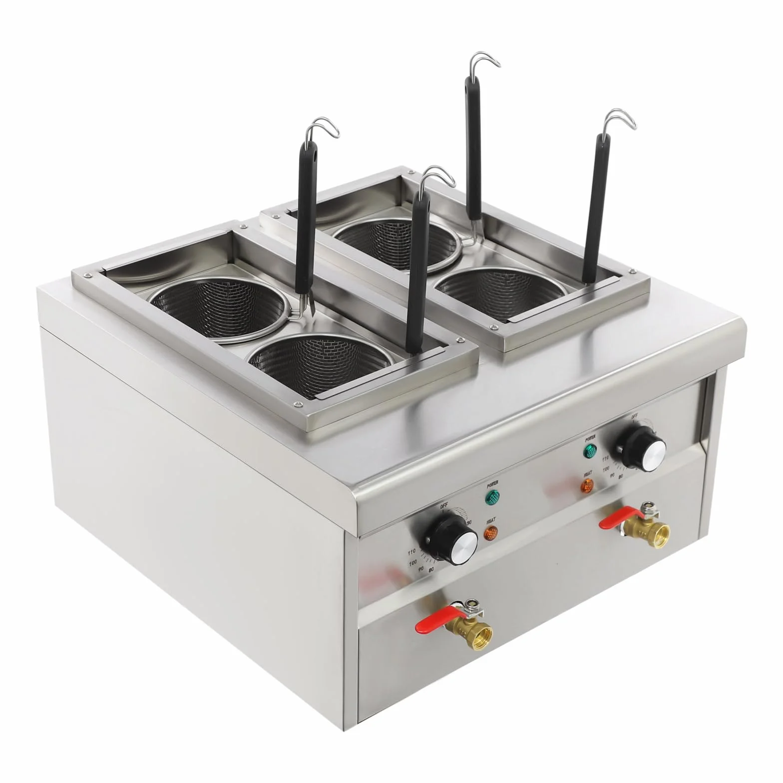 Cocedor de pasta eléctrico de acero inoxidable, 30 – 110 °C, con 4 cestas de colador y 2 tapas, para cocinas, restaurantes y restaurantes de pasta, 2 × 2 kW (plata)