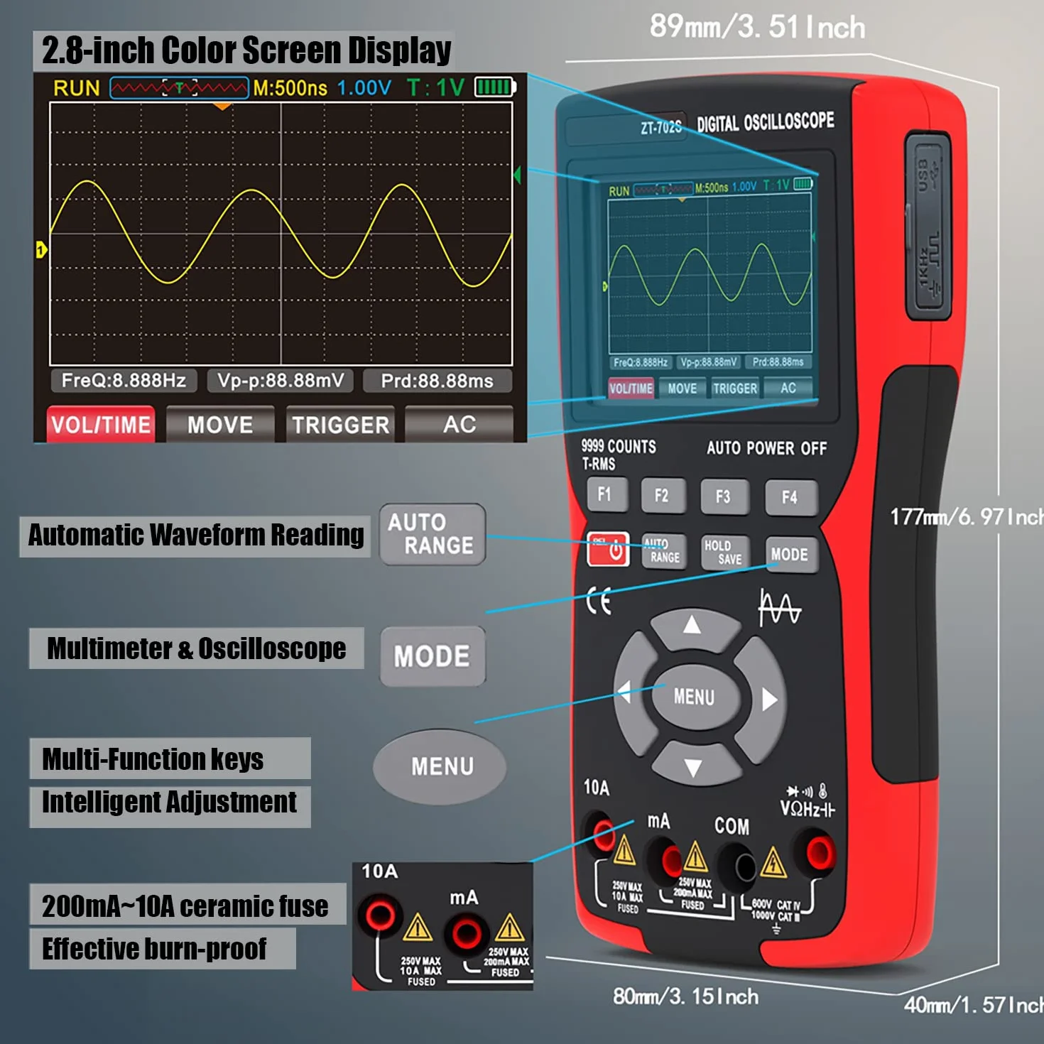 BSIDE ZT-702S Kit Osciloscopio DIY Multímetro Digital TRMS con Osciloscopio Automotriz 9999 Cuentas 10Mhz LCD a Color Medidor de Miliamperios y Milivolt Oscilloscope Recargable con Memoria para PC