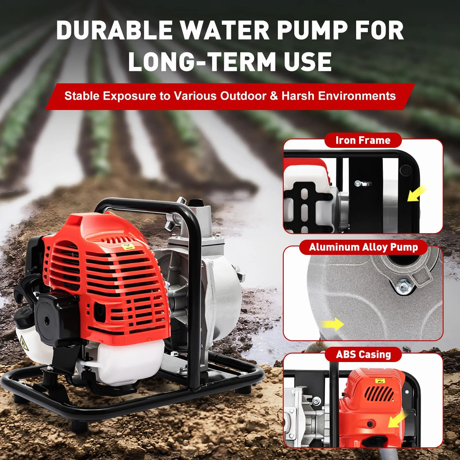 Bomba de agua de gasolina, 1,25 kW, 40,2 cc, 6500 R/min, motor de gasolina de 2 tiempos, motor de gasolina, máx. 30 m, bomba de agua de gasolina con filtro de aire adicional para drenaje o