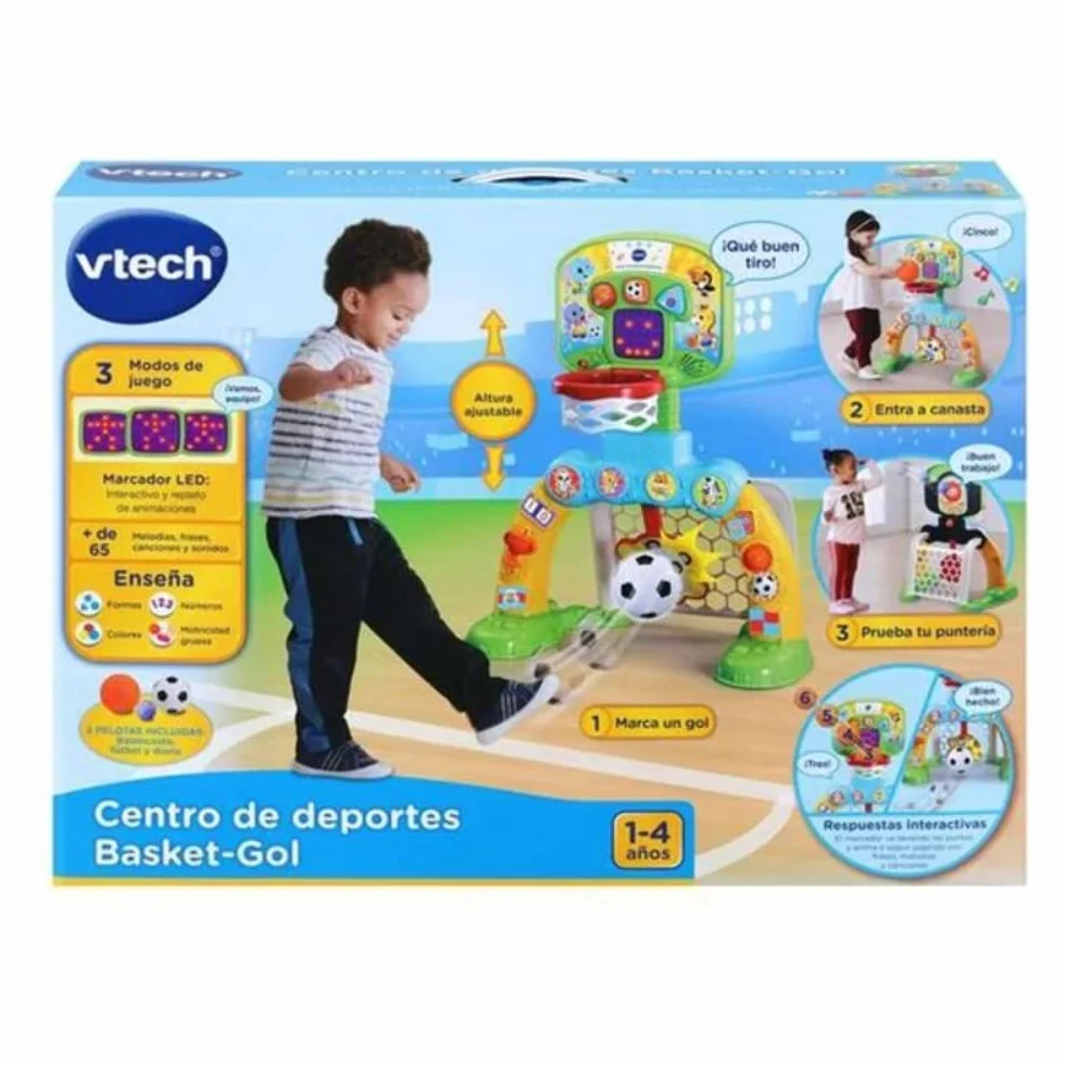 VTech Baby Centro de Deportes Basket-GOL Portería fútbol Canasta Baloncesto Diana Efectos Especiales respuestas interactivas Tres Pelotas Marcador LED versión ESP