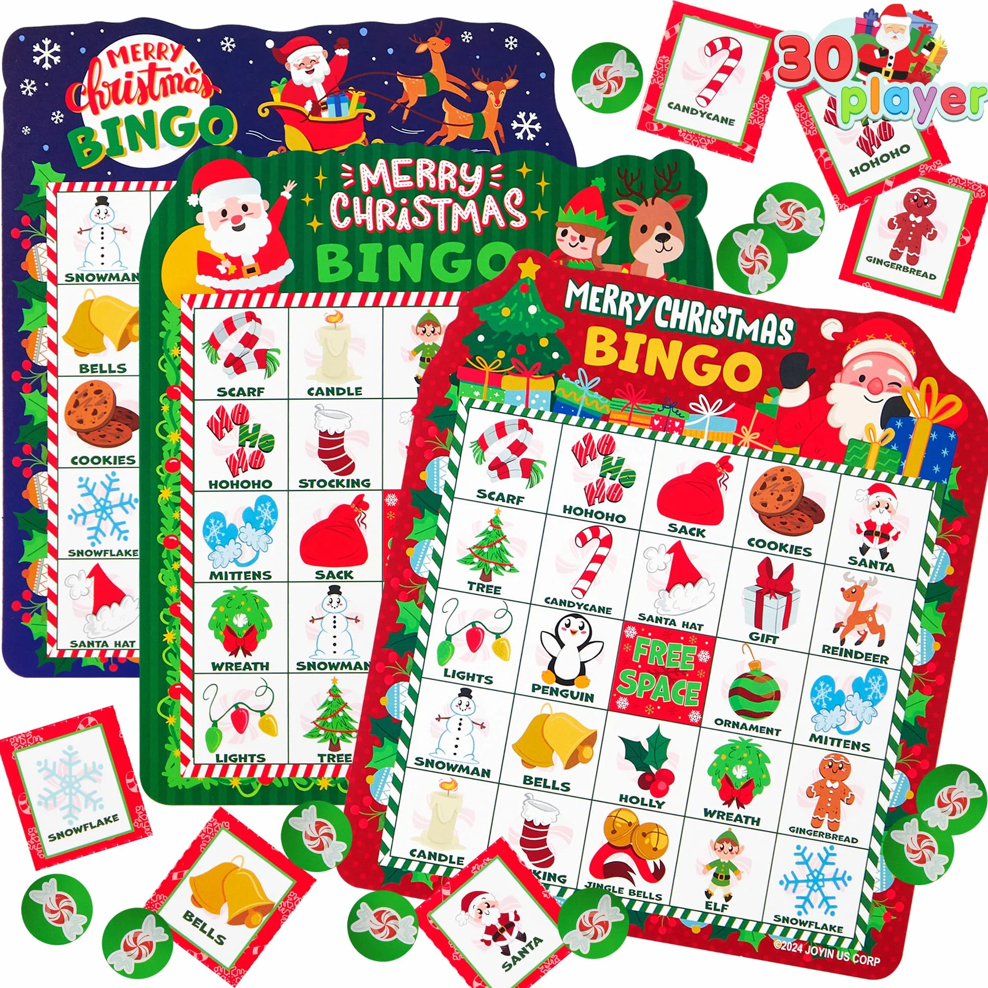 JOYIN Juego de cartas de bingo de Navidad para 30 jugadores, 3 colores