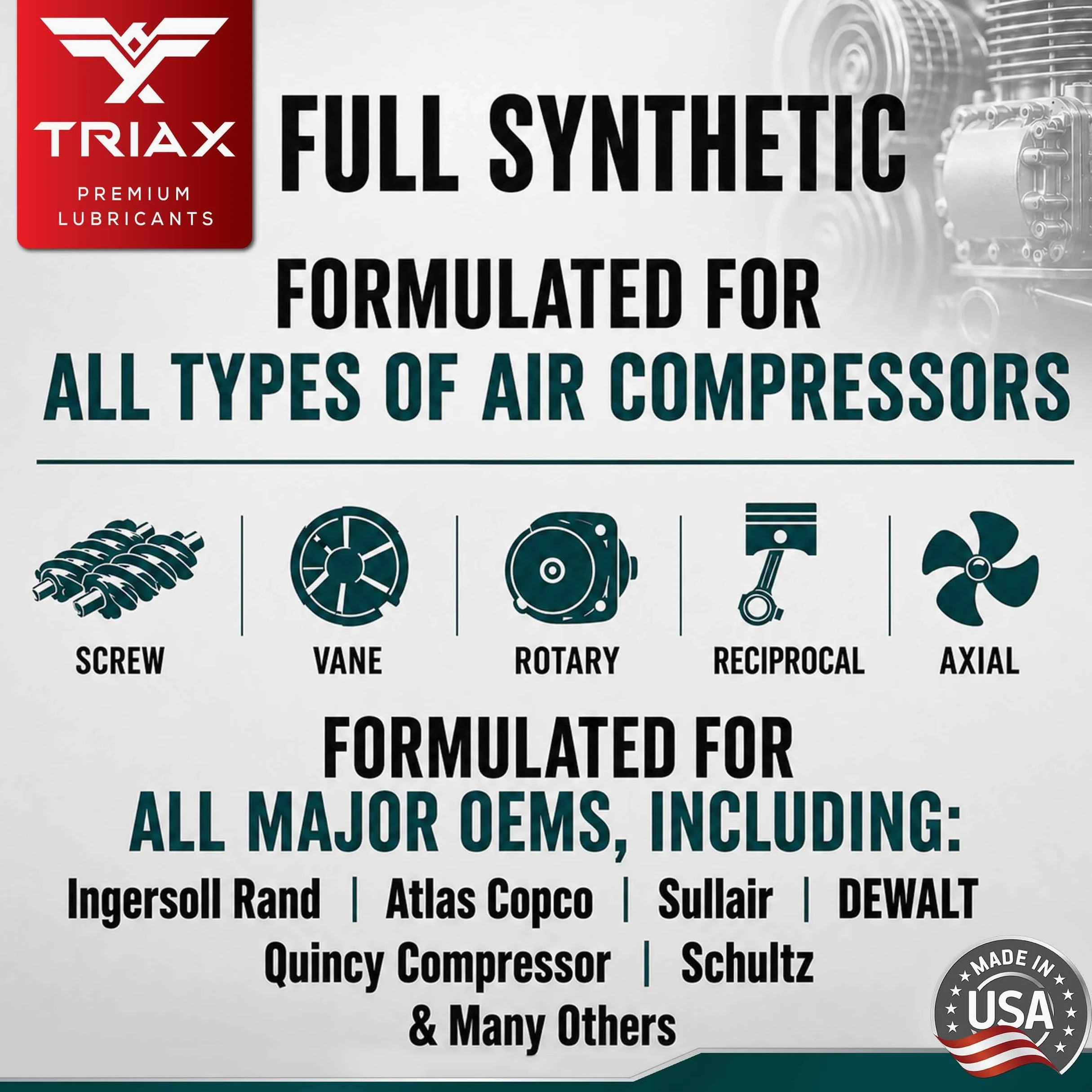 Triax Kompressor MV ISO 46, Multi Viscoso, aceite totalmente sintético para compresores de aire rotativos, de paletas, de tornillo, recíprocantes, alta temperatura, 20.000 horas (1 galón/3.78 l)