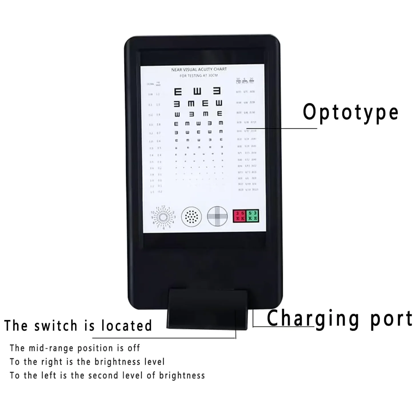 Tabla de visión, gráfico de optotipos LED de doble cara con brillo ajustable para detección de visión cercana y lejana