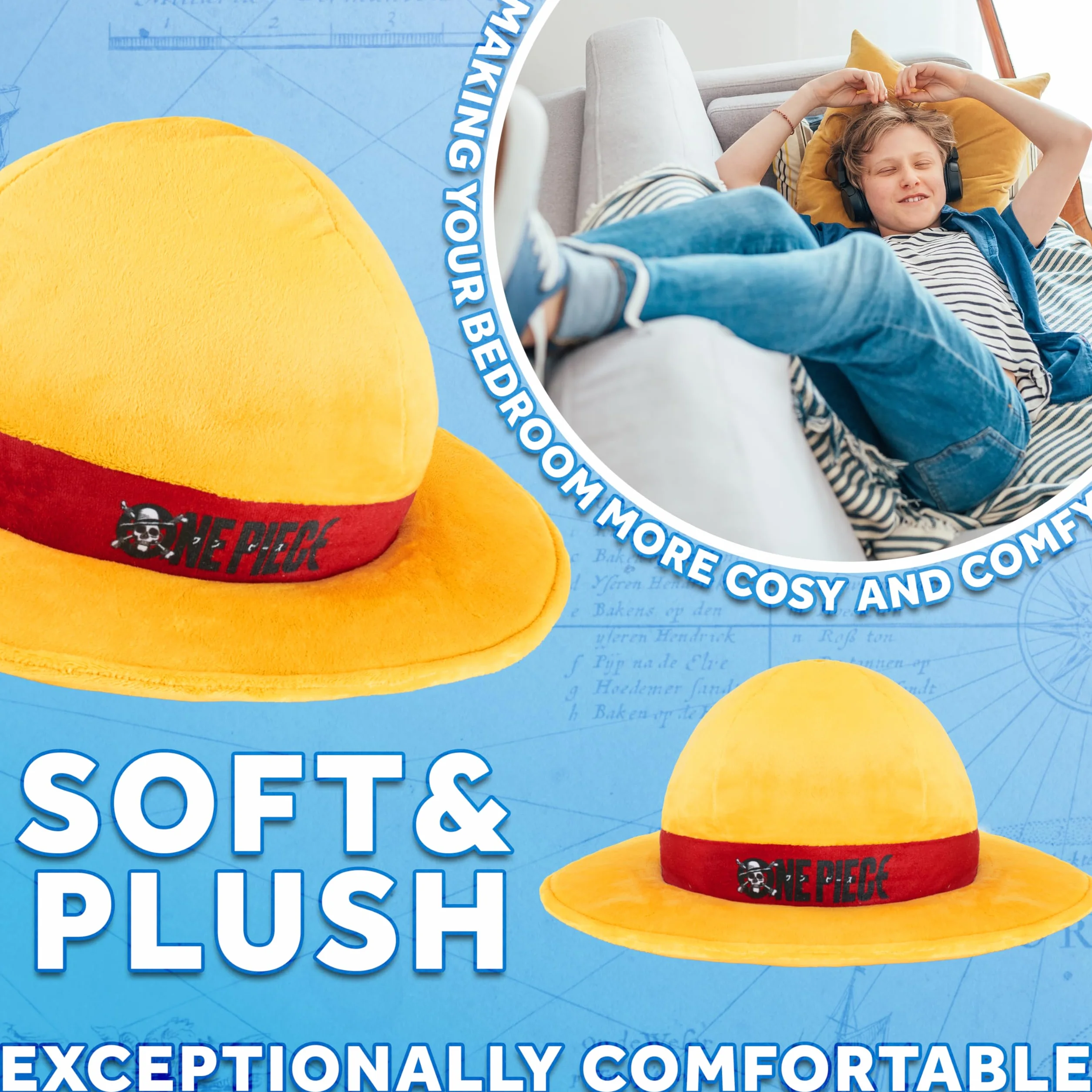 One Piece Cojin Decorativo 3D Suave, Almohada Kawaii para Niños Adolescentes Adultos, Regalo Anime (Amarillo, 35x35 cm)