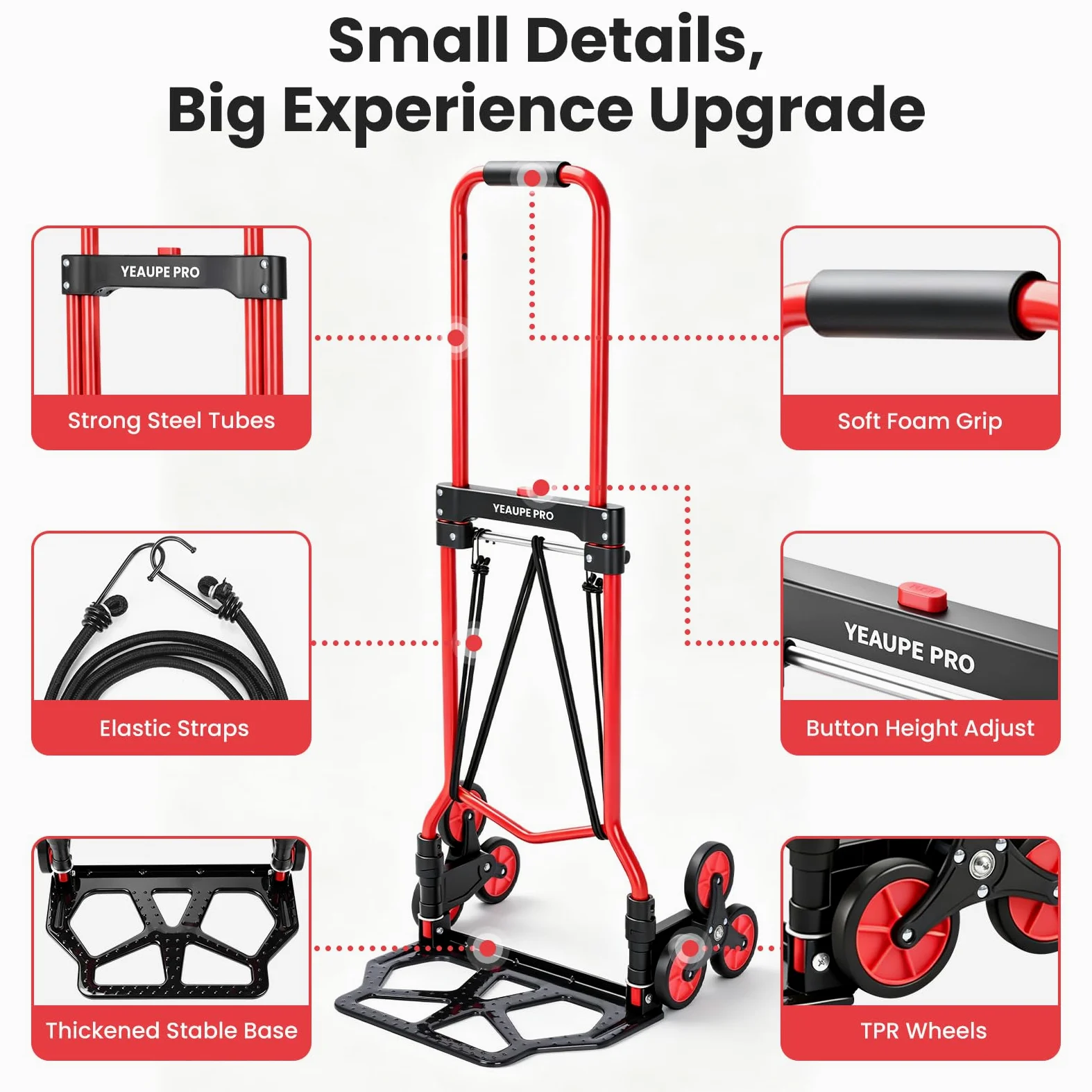 YEAUPE PRO Carretilla de Mano Plegable Escaleras 50 kg Rojo | Ruedas TPR grandes, mango telescópico regulable y 2 cuerdas incluidas para subir escaleras, mudanzas y transporte