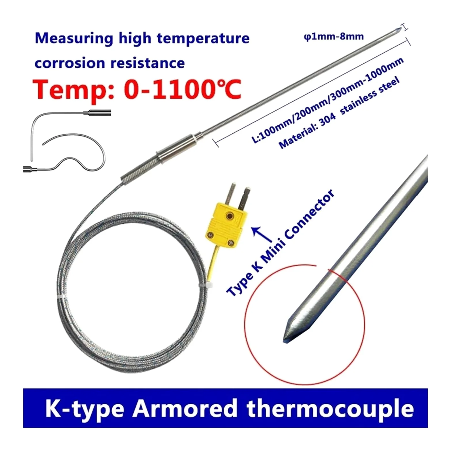 Sensor de termopar tipo K con sonda inserción puntiaguda alta temperatura cable trenzado acero inoxidable(Probe diam 8X1000mm)
