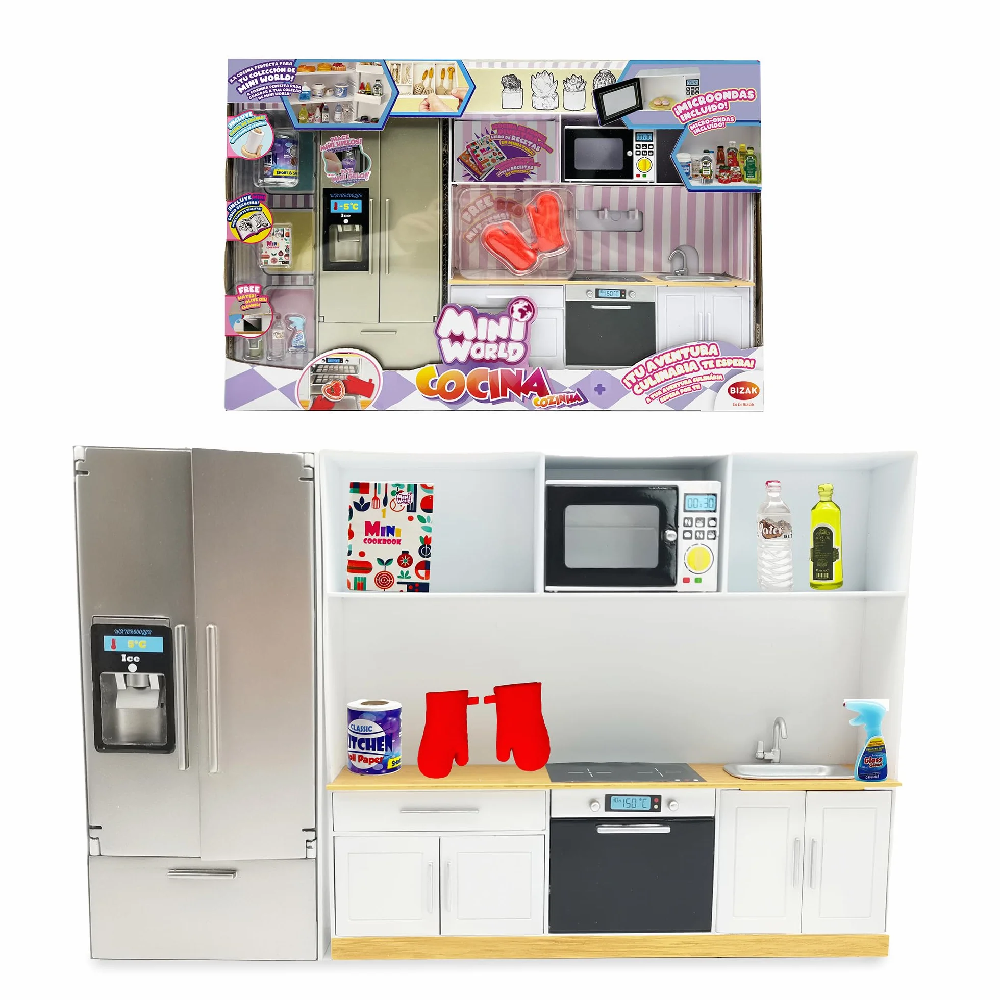Bizak Mini World Playset Cocina, Set de Cocina con Horno, Microondas, Frigorífico, Dispensador de Hielo y Accesorios, Niños y Niñas +6 Años