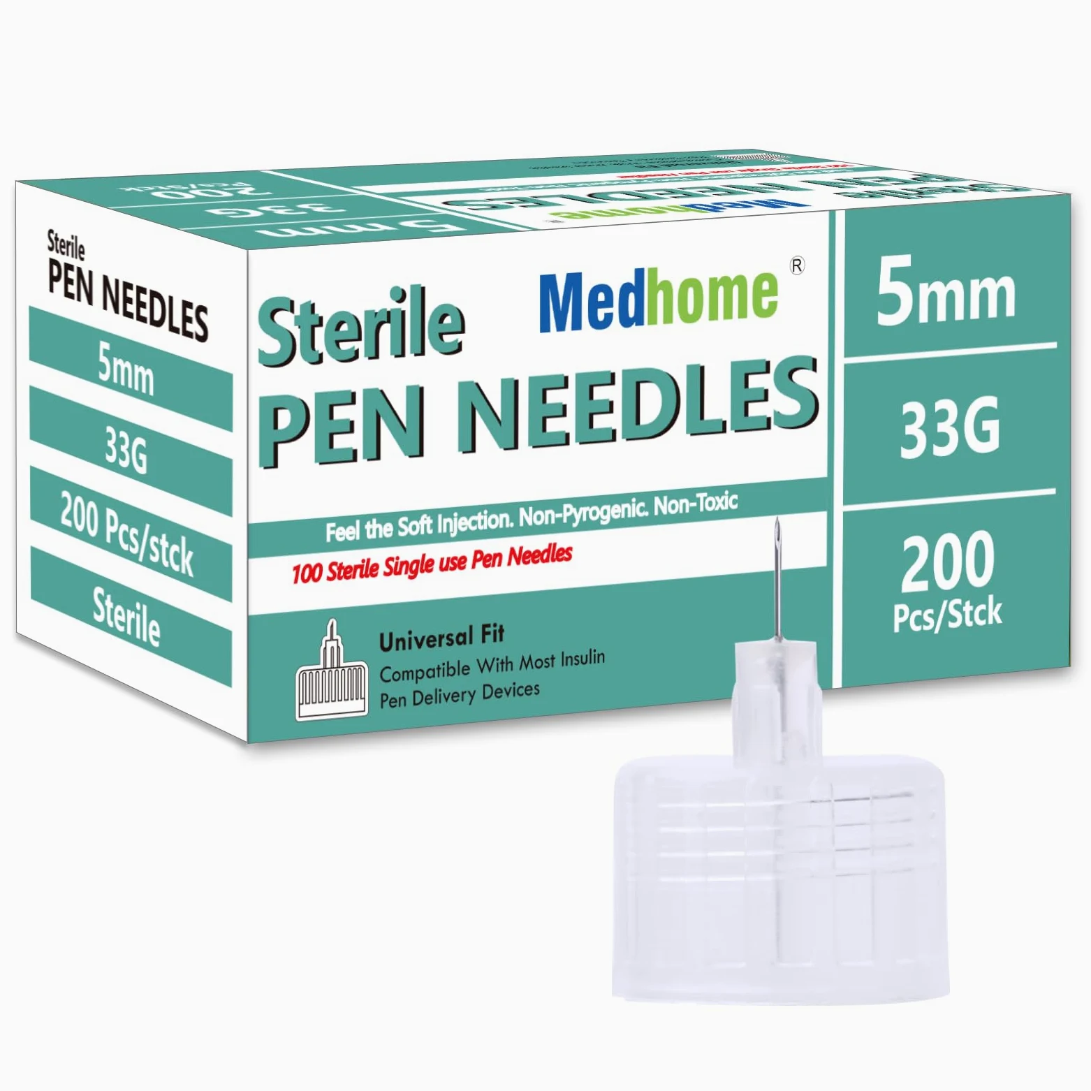 Aguja estéril para bolígrafo, ajuste universal, 33 g x 5 mm, 200 unidades por caja