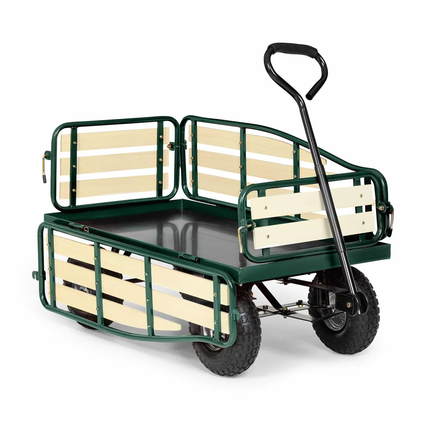 Waldbeck Ventura - Carretilla de Mano, Carro de Transporte de Acero, Gran Superficie de Carga Pesada, Soporta hasta 300kg, Paredes Laterales Plegables, Ruedas Goma, Verde Oscuro