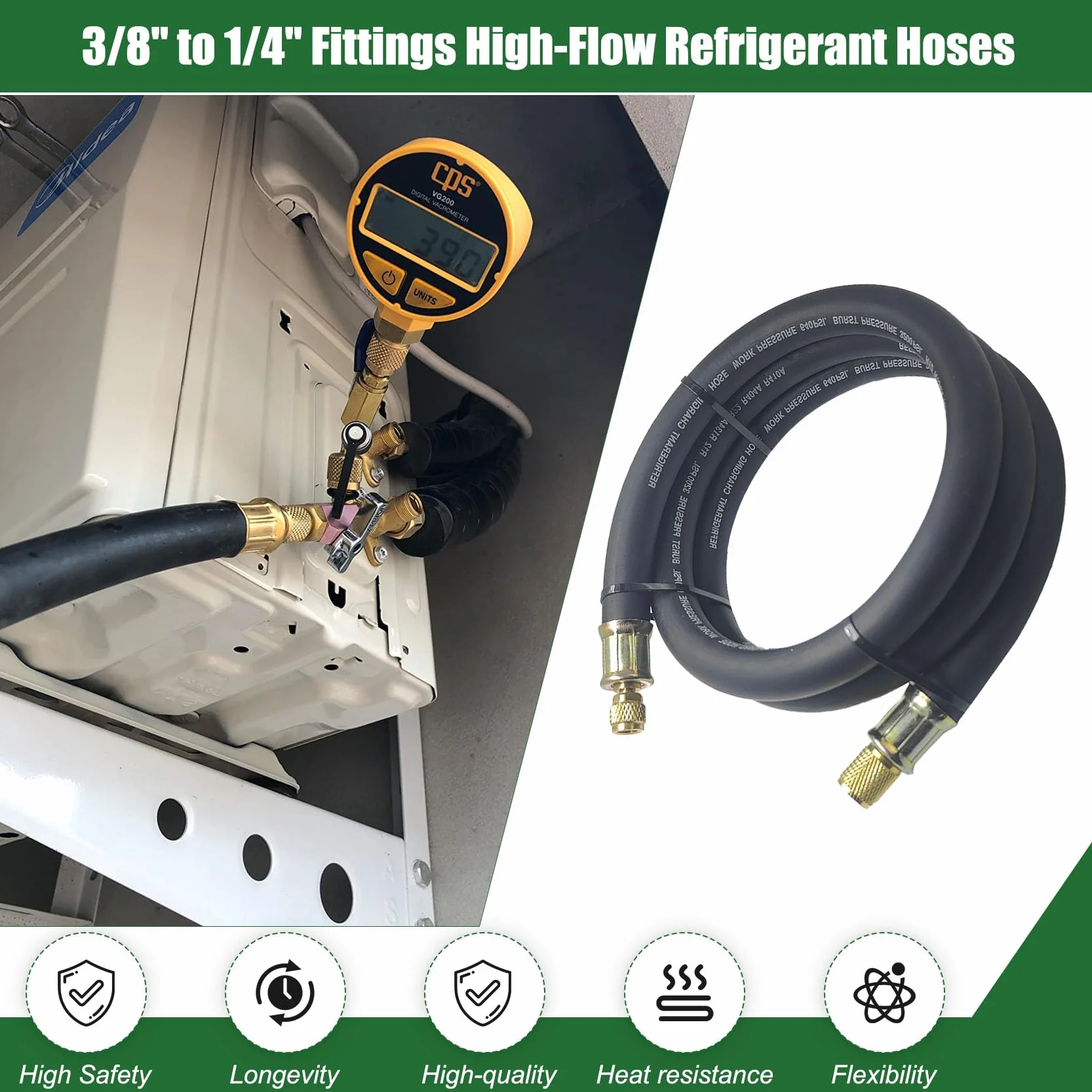 Manguera de vacío HVAC de 1/2 pulgada, accesorios de 3/8 a 1/4 pulgadas, mangueras de refrigerante de alto flujo, manguera de bomba de vacío de 20 micras más rápida, evacuación y recuperación HVAC más