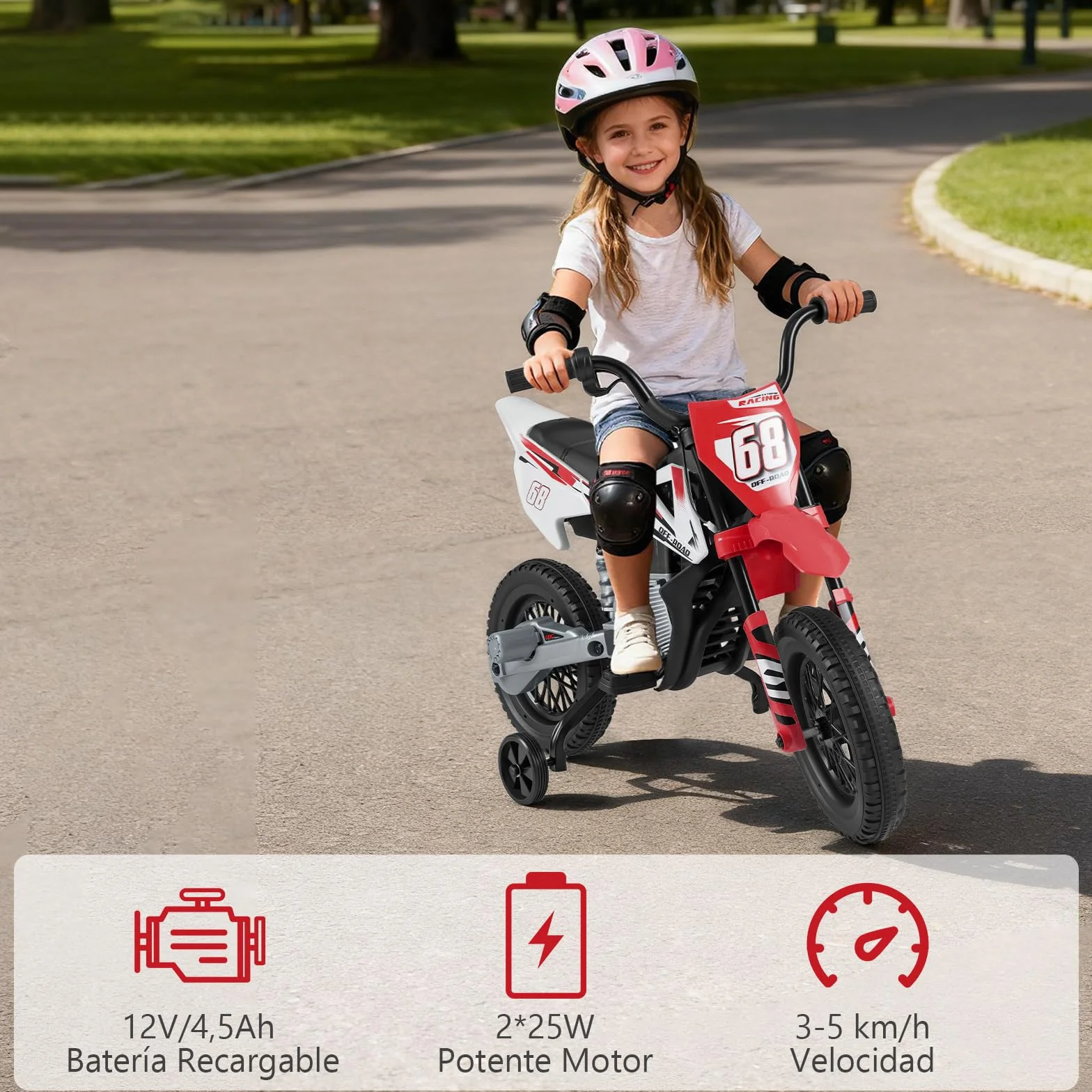 COSTWAY Motocicleta Eléctrica Infantil 12V con Ruedas de Entrenamiento Desmontables y Suspensión de Resorte (Rojo)