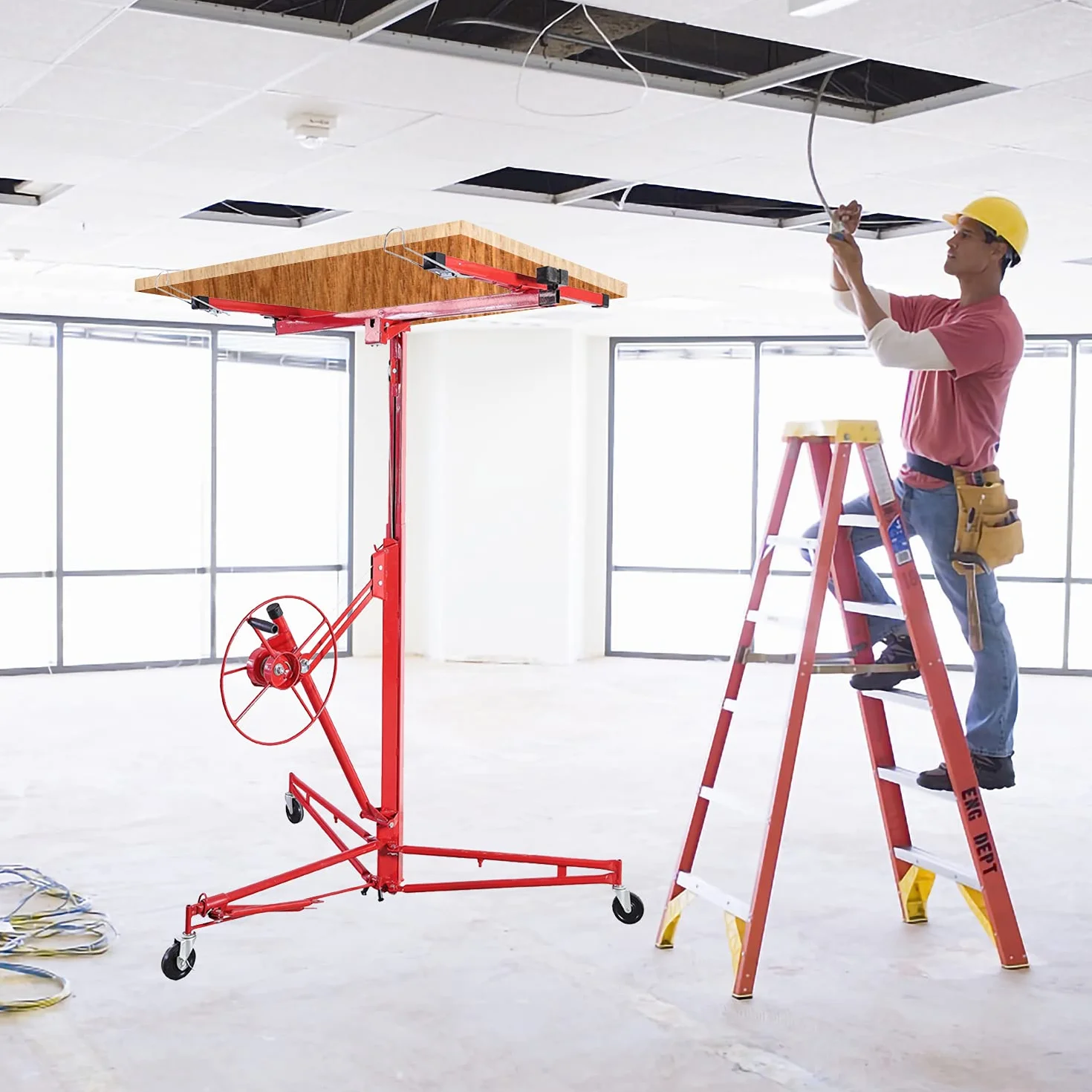 Herrselsam - Elevador de placas plegable XXL, 140 cm-350 cm de altura de trabajo, ajustable en altura, 68 kg de carga máxima, 290 cm de brazo de carga para placas de yeso