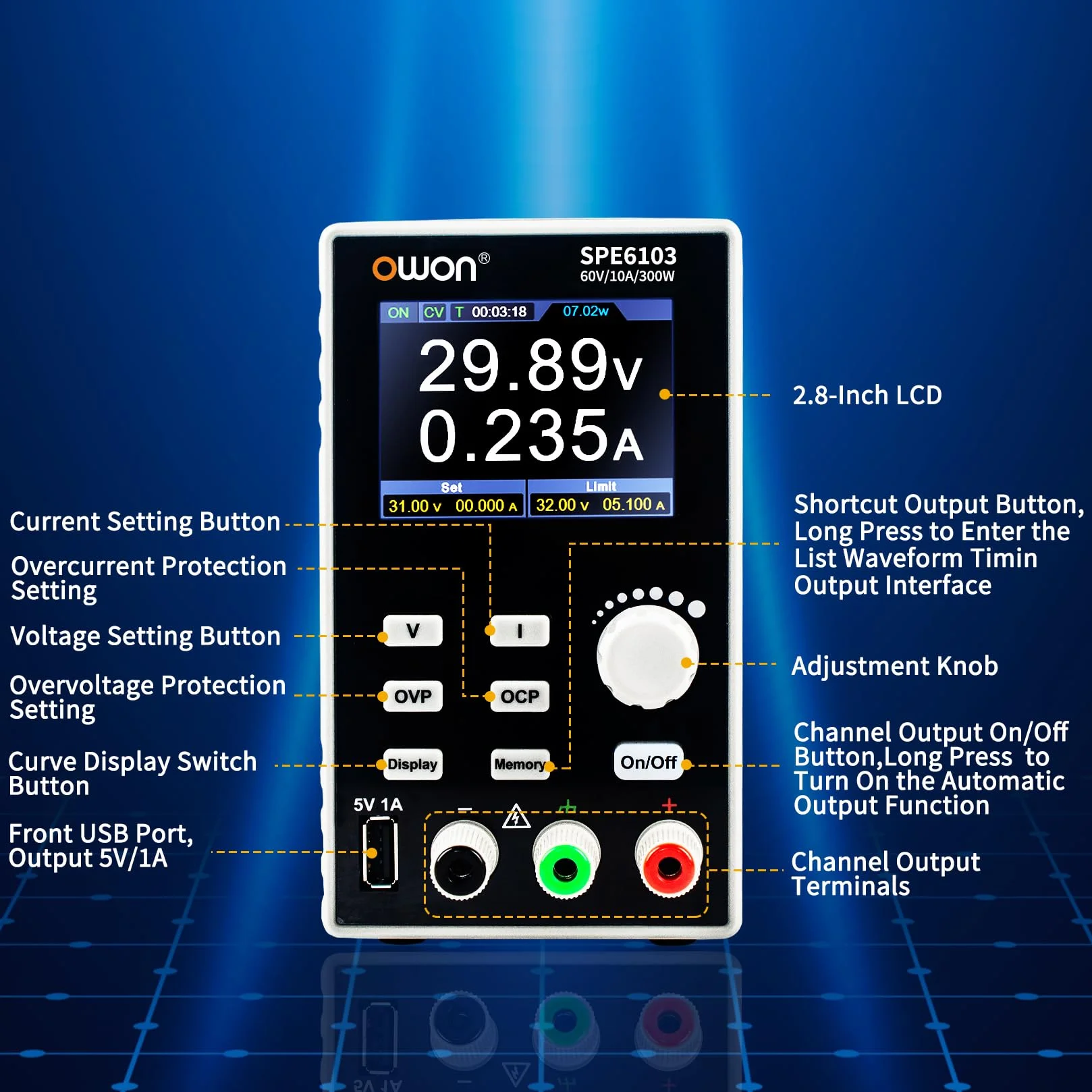 OWON SPE6103 Fuente de alimentación de CC programable, 300 W, 60 V/10 A, protección múltiple 4 dígitos de Alta precisión, Pantalla LCD TFT de 2,8 Pulgadas con Puerto USB