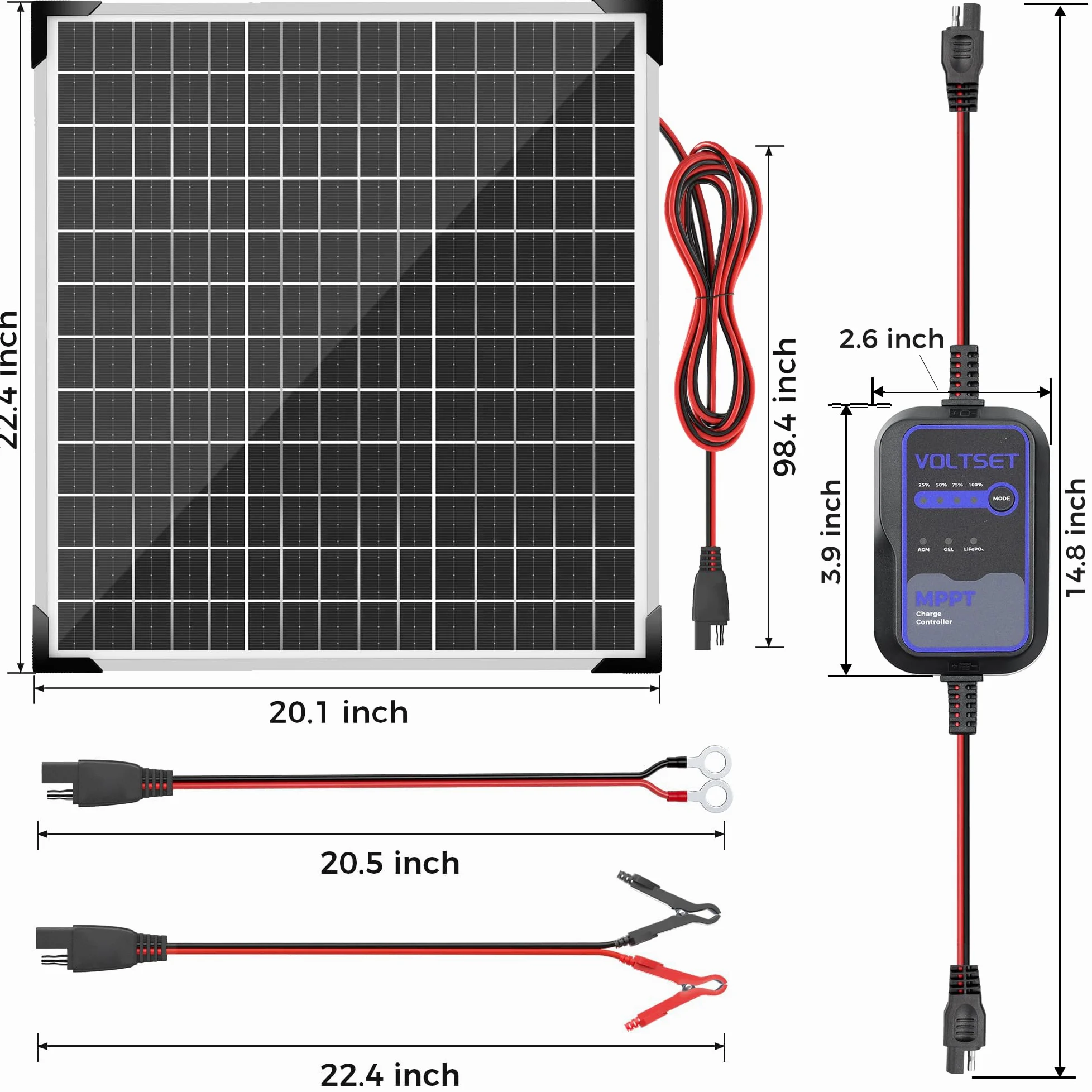 Voltset Kit de panel solar de 50 W y 12 V con controlador MPPT, cargador de batería solar, panel solar impermeable con soporte de montaje ajustable para barco, caravana, motocicleta, marina