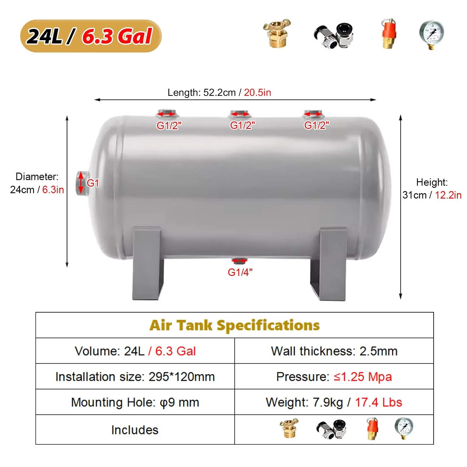 Depósito de Aire Recipientes Portátiles de Aire Comprimido, Depósitos de Almacenamiento de Propano, Hidrógeno y Nitrógeno, Cilindros de Presión Reforzados con Accesorios(24L/6.3Gal (Style A))