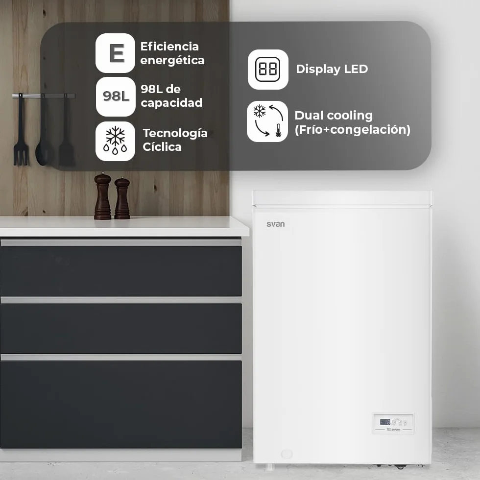 Svan Congelador Horizontal Blanco SCH1001EDC 98 L Dual Cooling 1 Cesta Eficiencia Energética Clase E
