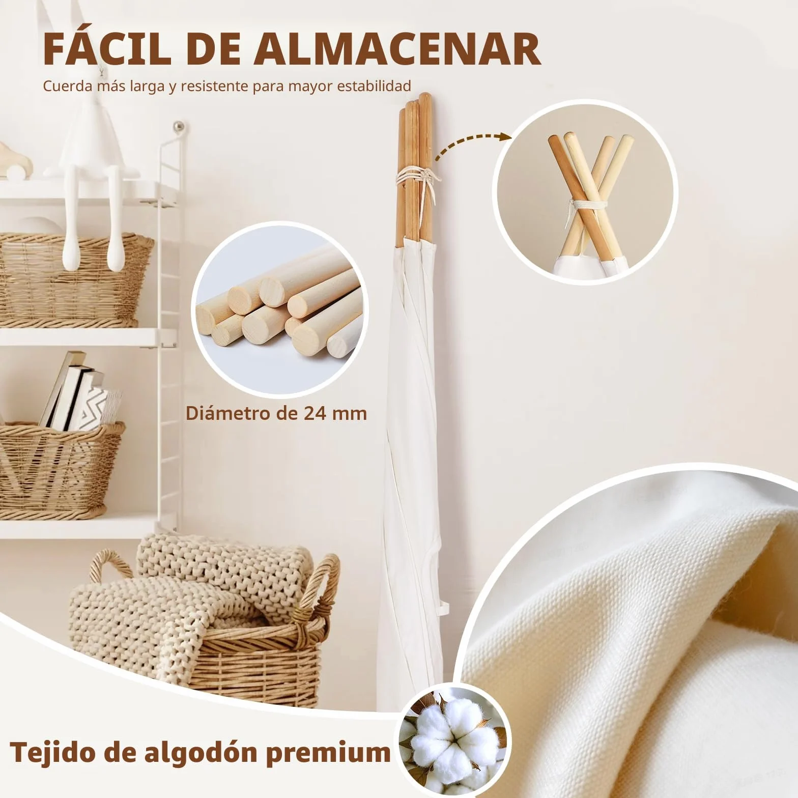 Tipi Infantil Algodón Tienda de Campaña Interior Madera Portátil Cabañas para Niños Blanco Roto