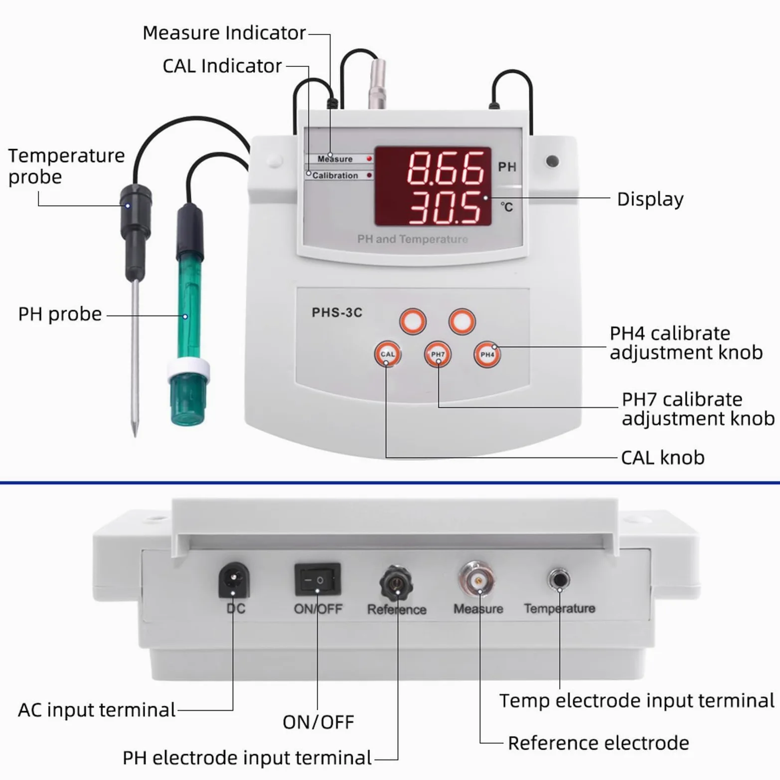 Medidor de pH digital de escritorio, medidor de pH de sobremesa for laboratorio, precisión de pH de ±0,01, pH/temperatura, 2 electrodos, calibración automática de 2 puntos