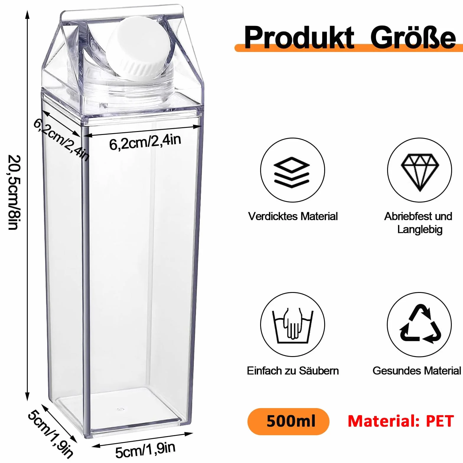2 Piezas Botella de Agua Transparente, 500 ml de Cartón de Leche transparente, Reutilizable Botella Contenedor de Zumo, Botella de Agua Transparente de Gran Capacidad, para Almacenar Bebidas, Leche