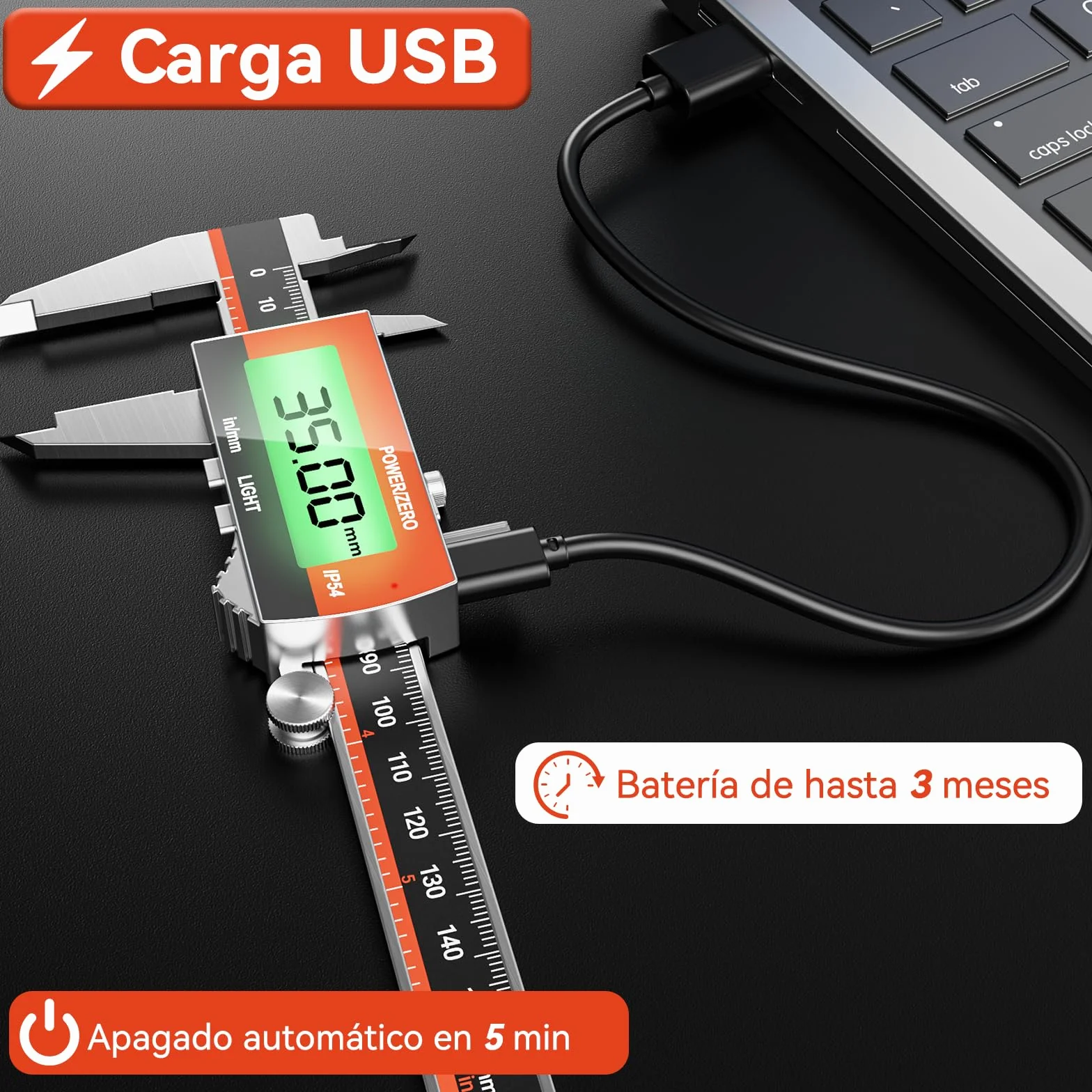 Preciva Calibre Digital Recargable Pie de Rey Electrónico Pantalla LCD Retroiluminada Acero Inoxidable Micrómetro Preciso USB