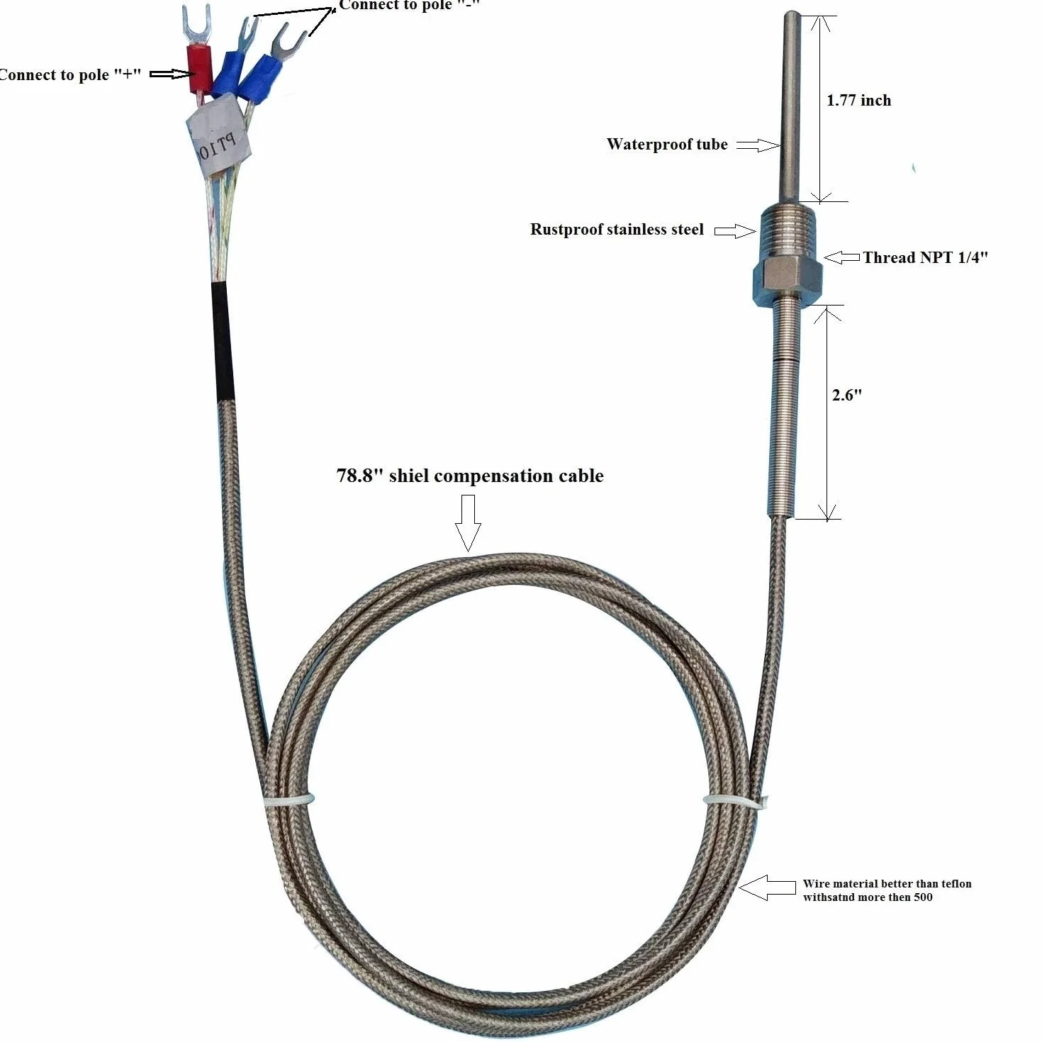 Sonda de Temperatura RTD PT100 1/2" NPT Cable 2m Acero Inoxidable -50 a 300°C