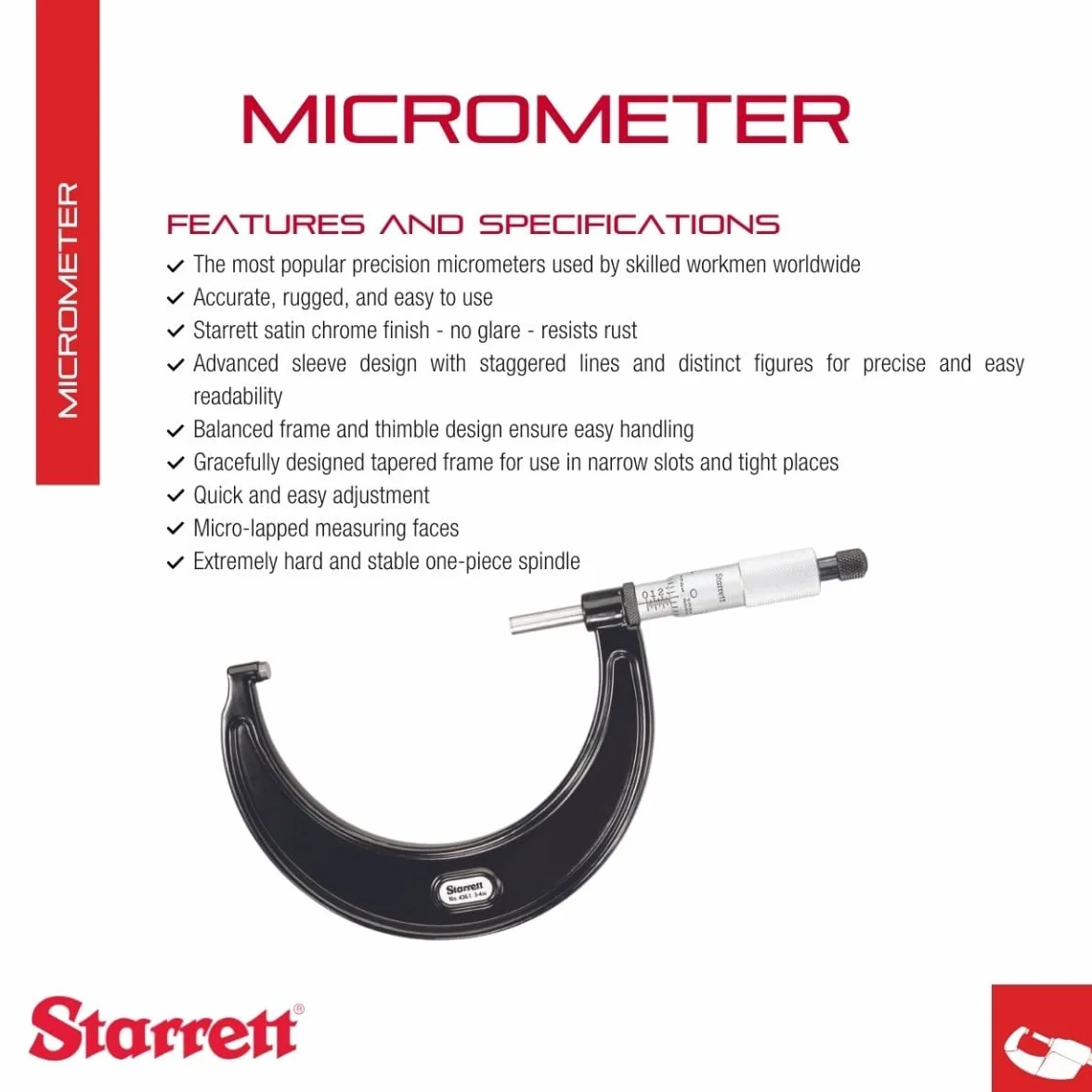 Starrett Micrómetro exterior T436.1XRL-2, tope de trinquete, tuerca de bloqueo, caras de carburo, rango de 1 a 2 pulgadas, graduación de 0.000 pulgadas, precisión de +/-0.000 pulgadas