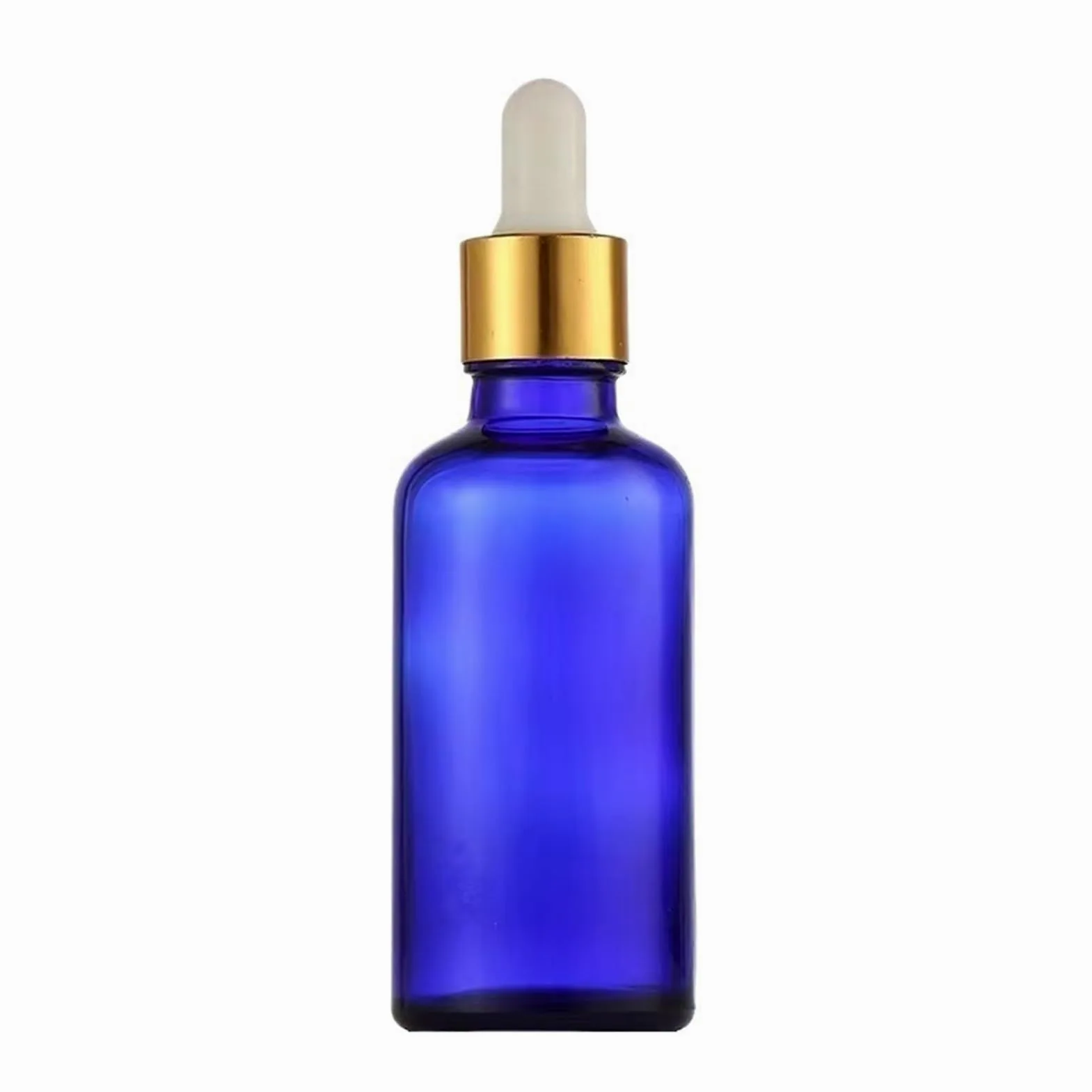 10 unids/lote de 5ml a 100ml, botella de aceite refinado de vidrio redondo azul de laboratorio con goteros de vidrio, círculo dorado for experimentos escolares(100ml)