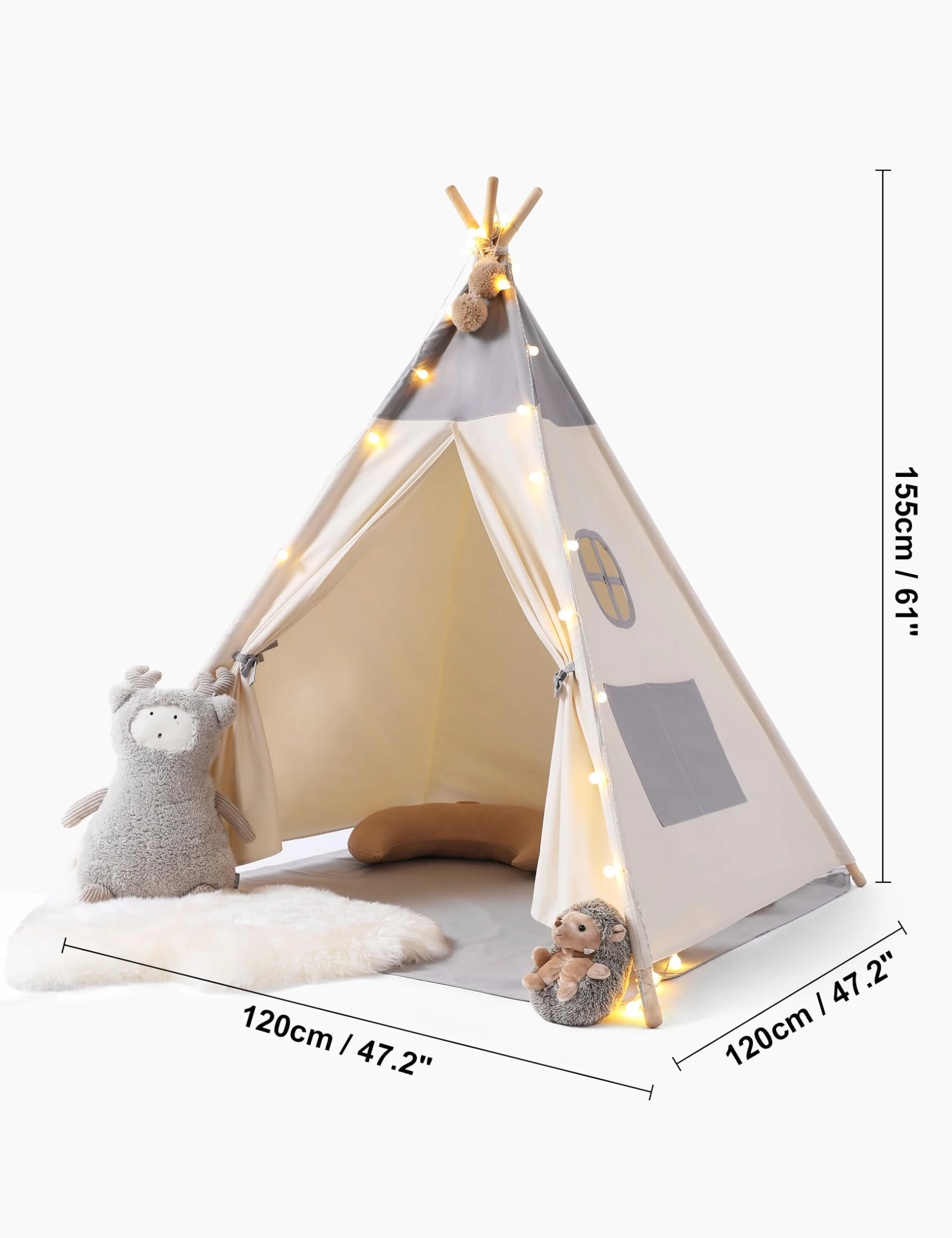 Besrey Tipi Indio para Niños Tienda de Campaña Infantil Canvas Algodón con Alfombra y Luces