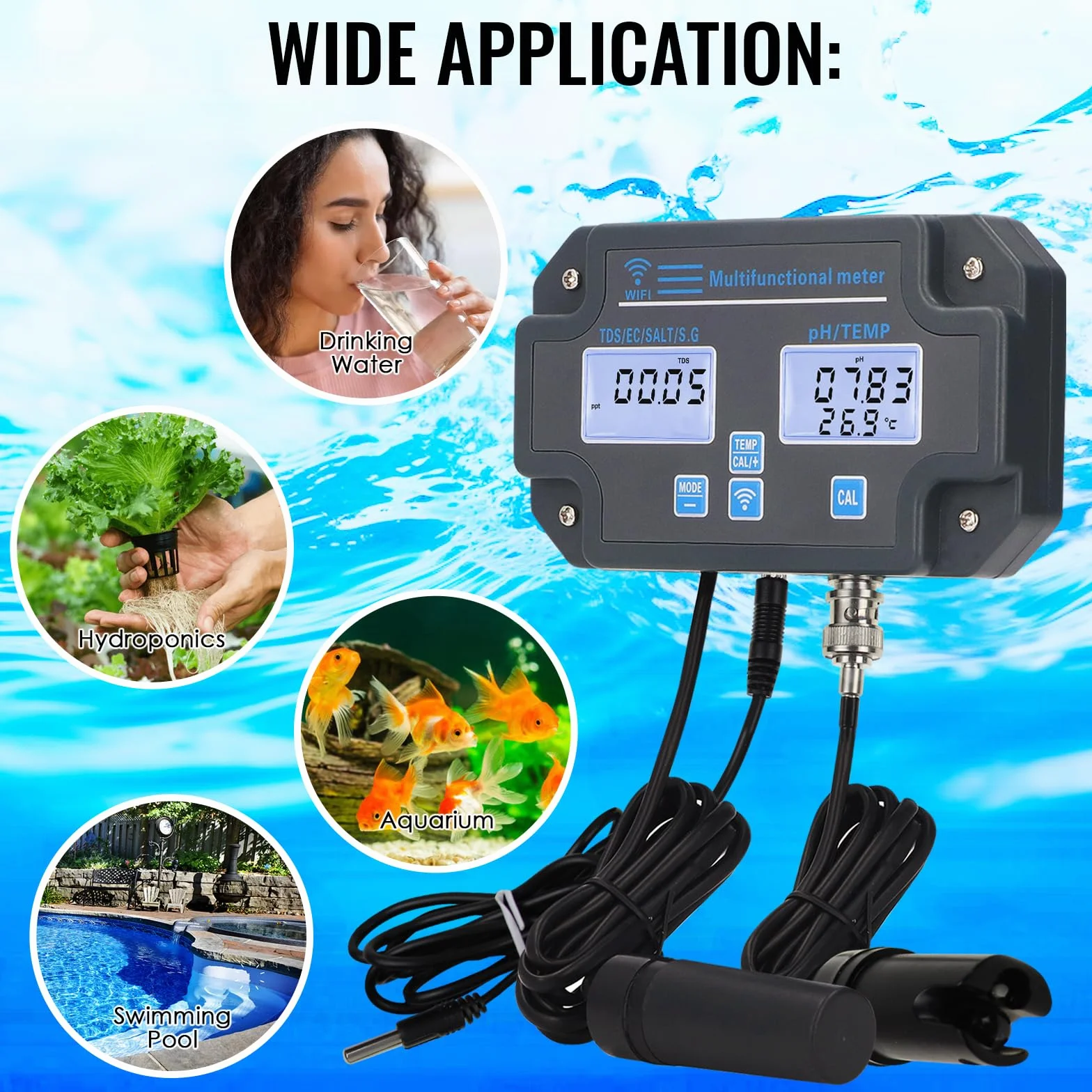 Probador de calidad de agua WLAN, monitor de pH 6 en 1, mide pH/EC/TDS/salinidad/peso y temperatura, monitoreo de aplicaciones en línea las 24 horas y almacenamiento de curvas de datos, medidor de pH