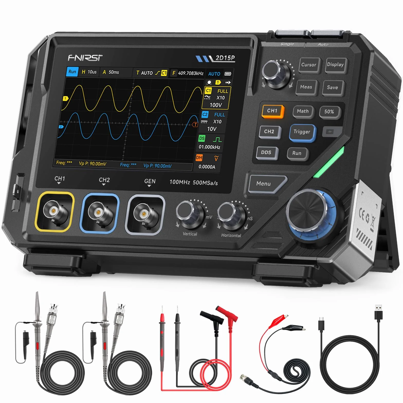 FNIRSI 2D15P Osciloscopio Digital de 100 MHz, Multímetro, Generador de Señales DDS, 3 en 1, 2 Canales, Multímetro Automotriz, 19’999 TRMS, Muestreo de 500MS/s, Pantalla Táctil de 4,3"