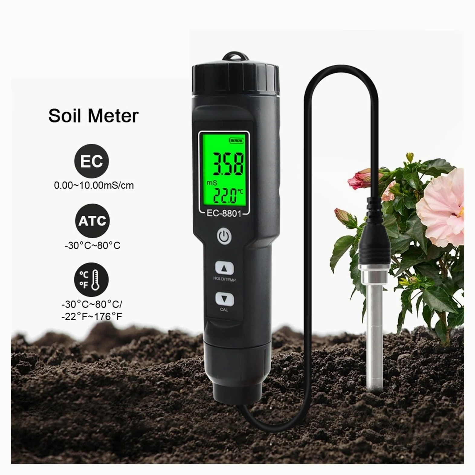 Medidor de Calidad del Agua, Termómetro Digital LCD multifunción for Suelos con CE, Resistente al Agua, retroiluminación y sonda Desmontable. para Campo y Laboratorio