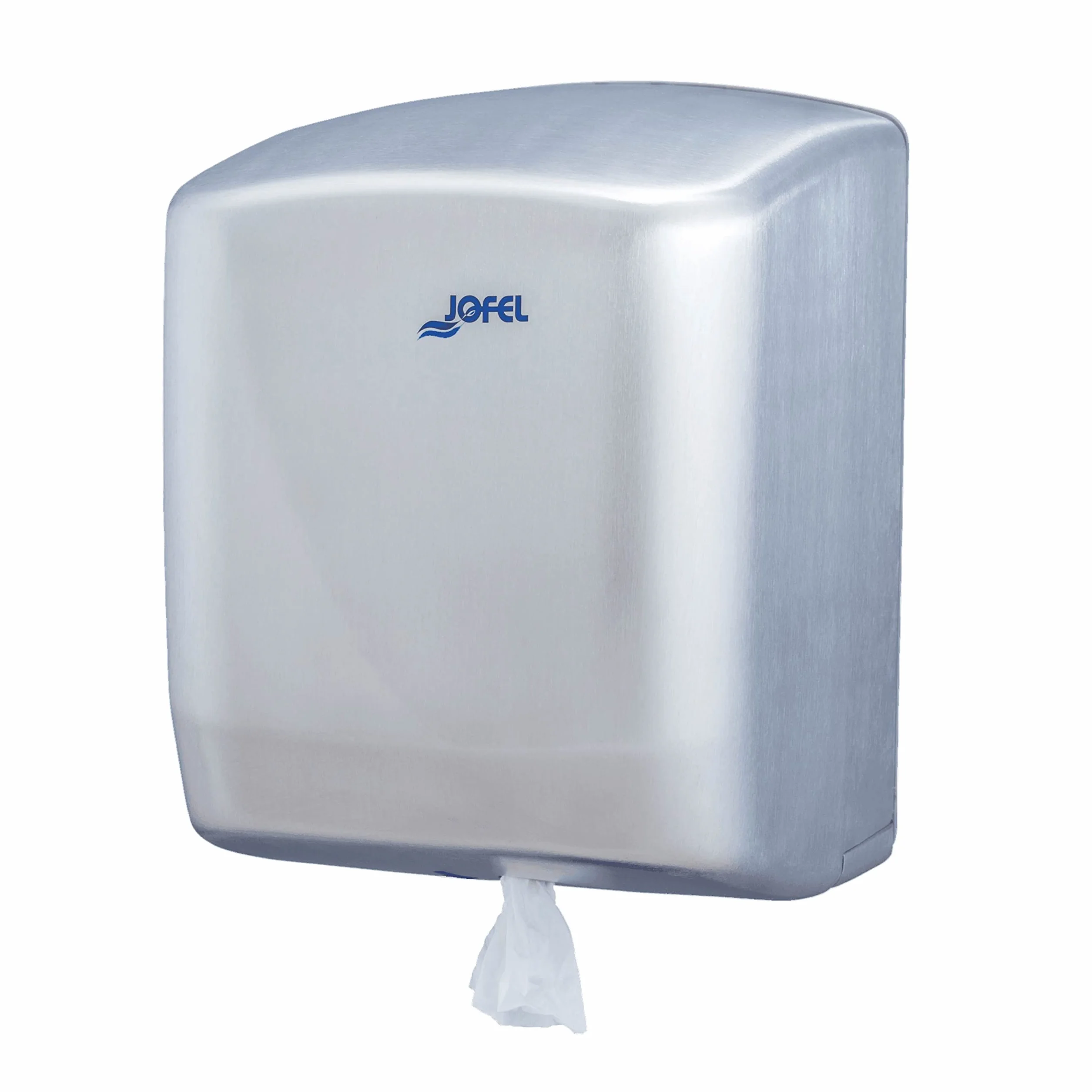 Jofel - Dispensador de Papel en Bobina hasta 205mm Mecha en Continuo, Bobina Especial para Dispensar por el Centro de la Base, Maxima Higiene, Carcasa de Acero, Futura AG45000, Inox. Satinado