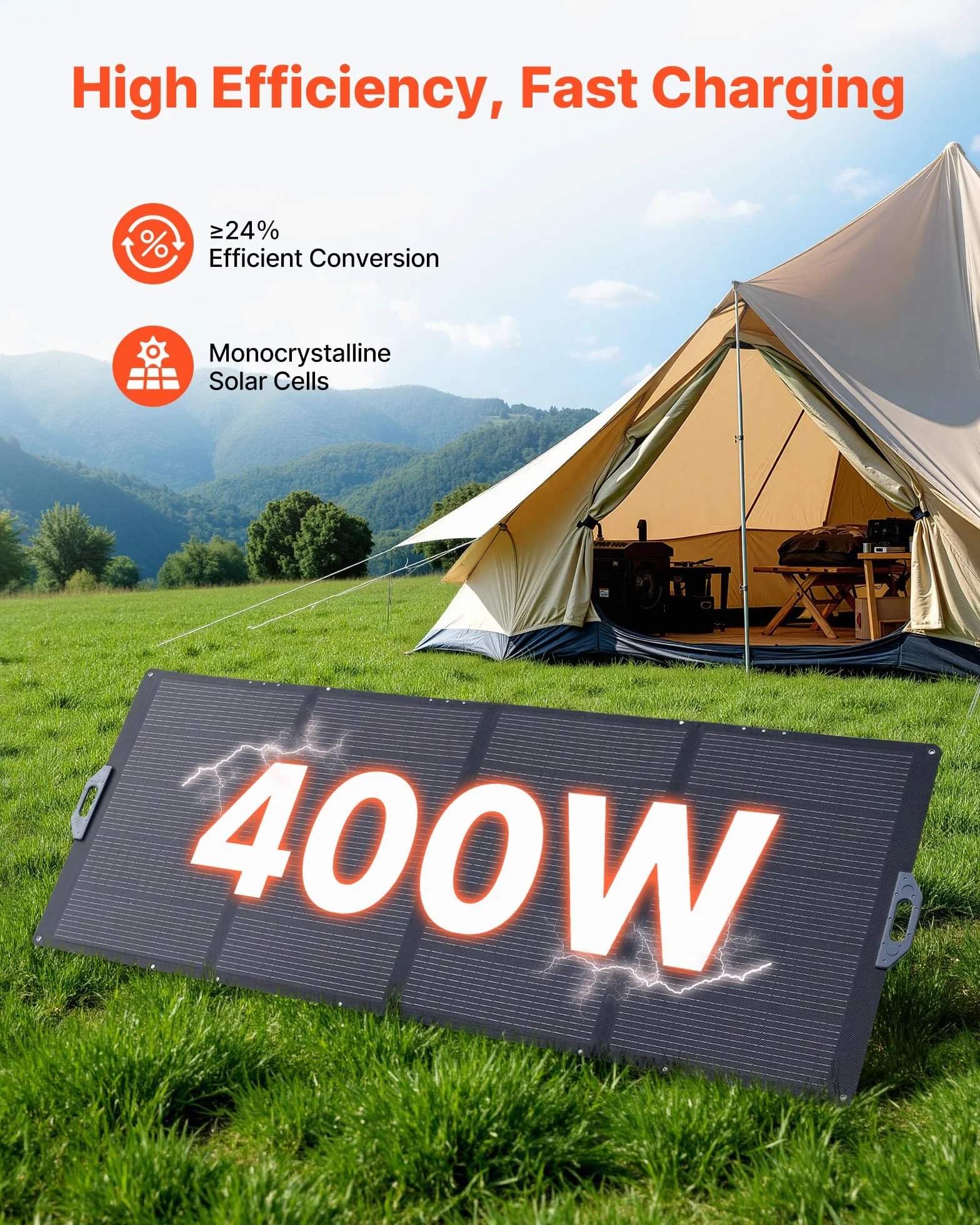 VEVOR Placa Solar Plegable 400W, Panel Solar Monocristalino Portátil, Eficiencia 24%, con Cable de MC4 y Adaptador de Conector, IP67 Impermeable, Compatible con Estaciones de Energía Acampada Viajes