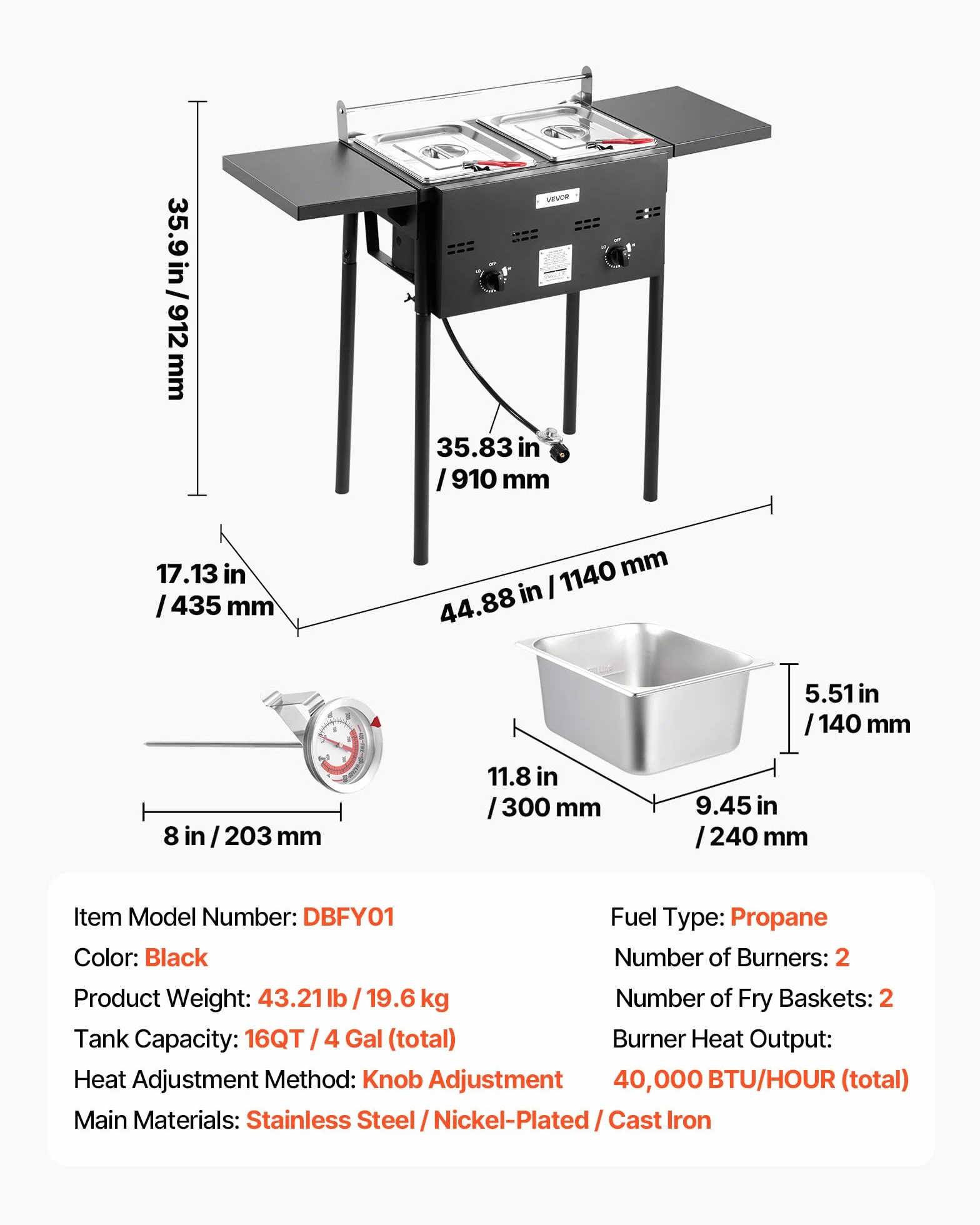 VEVOR Freidora de gas propano de doble depósito 9Lx2, aparato de cocción de propano de acero inoxidable, independiente con plataforma plegable y ajuste del calor, para exterior y restaurante Snack-bar