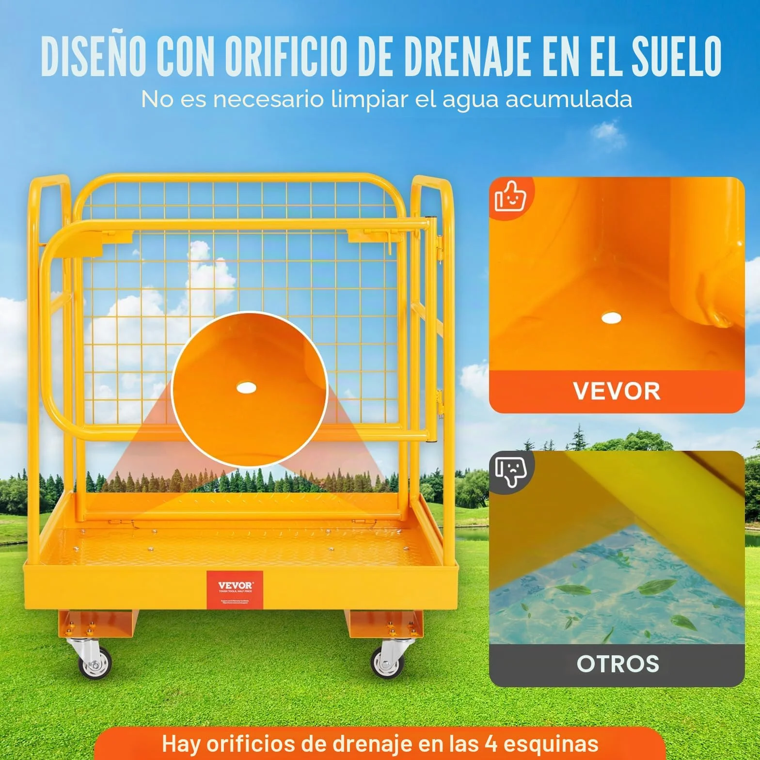 VEVOR Jaula de Seguridad Carretilla Elevadora Carga 544kg Plataforma de Trabajo Plegable 92x92cm 1-2 personas Ruedas Giratorias Bloqueables Cadena de Drenaje con Orificio Seguridad para Trabajo Aéreo