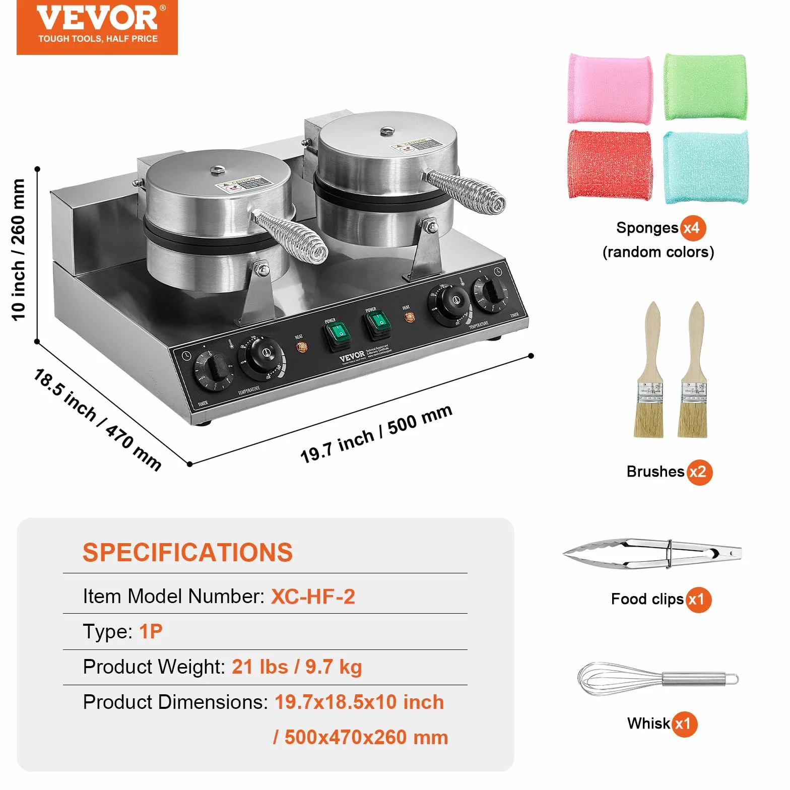 VEVOR Máquina para Hacer Gofres Comerciales, Doble Cabezal, Acero Inoxidable Antiadherente de 2460 W con Control de Temperatura y Tiempo, Asa, para Restaurantes, Familias y Bares, 500 x 470 x 260 mm