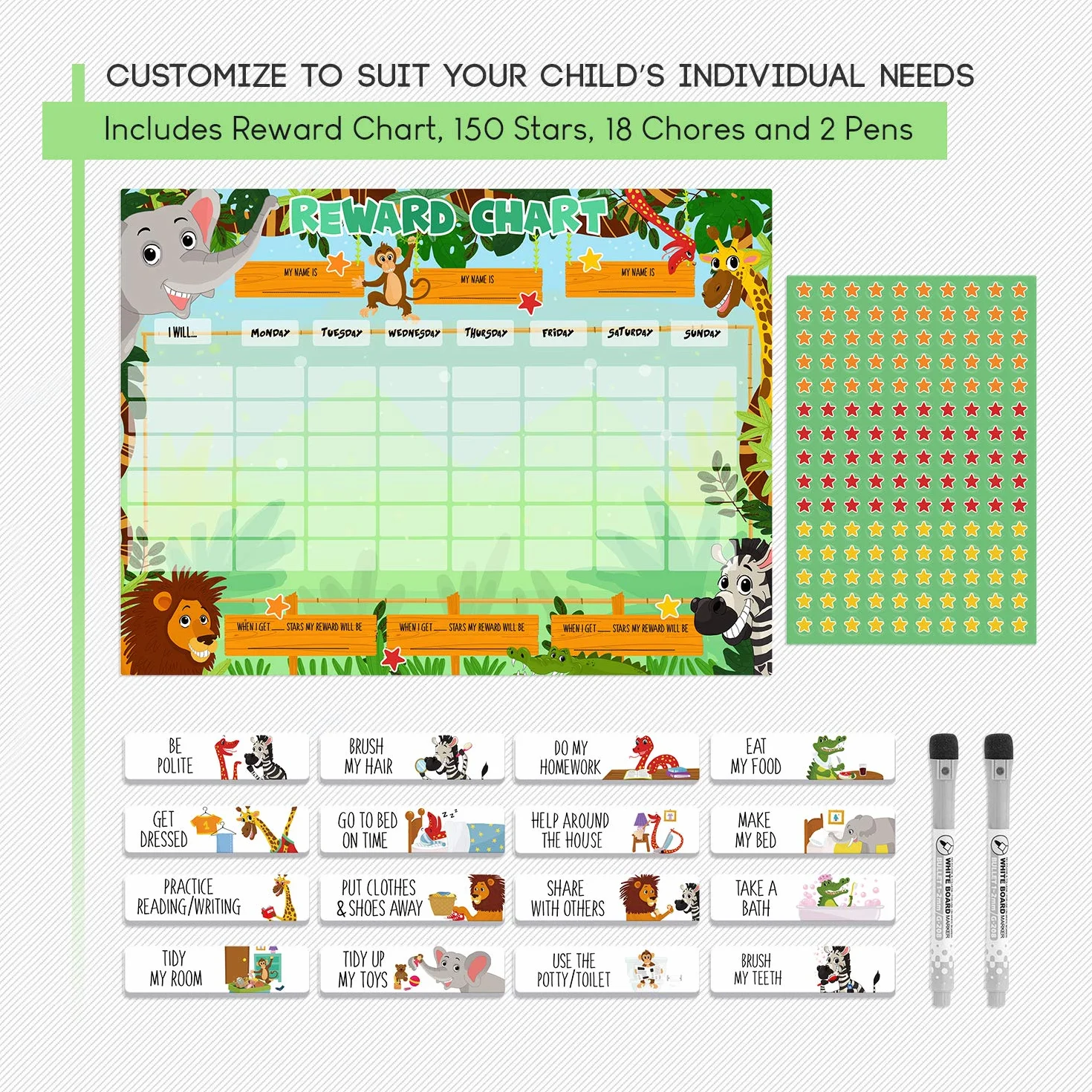 Tabla de recompensas para niños Calendario de estrellas magnético animales safari Pizarra infantil fomenta buen comportamiento personalizable Luigi’s
